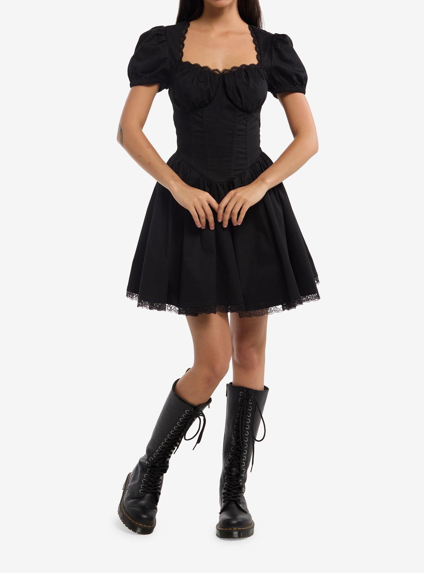 Social Collision Black Corset Puff Sleeve Dress, , hi-res