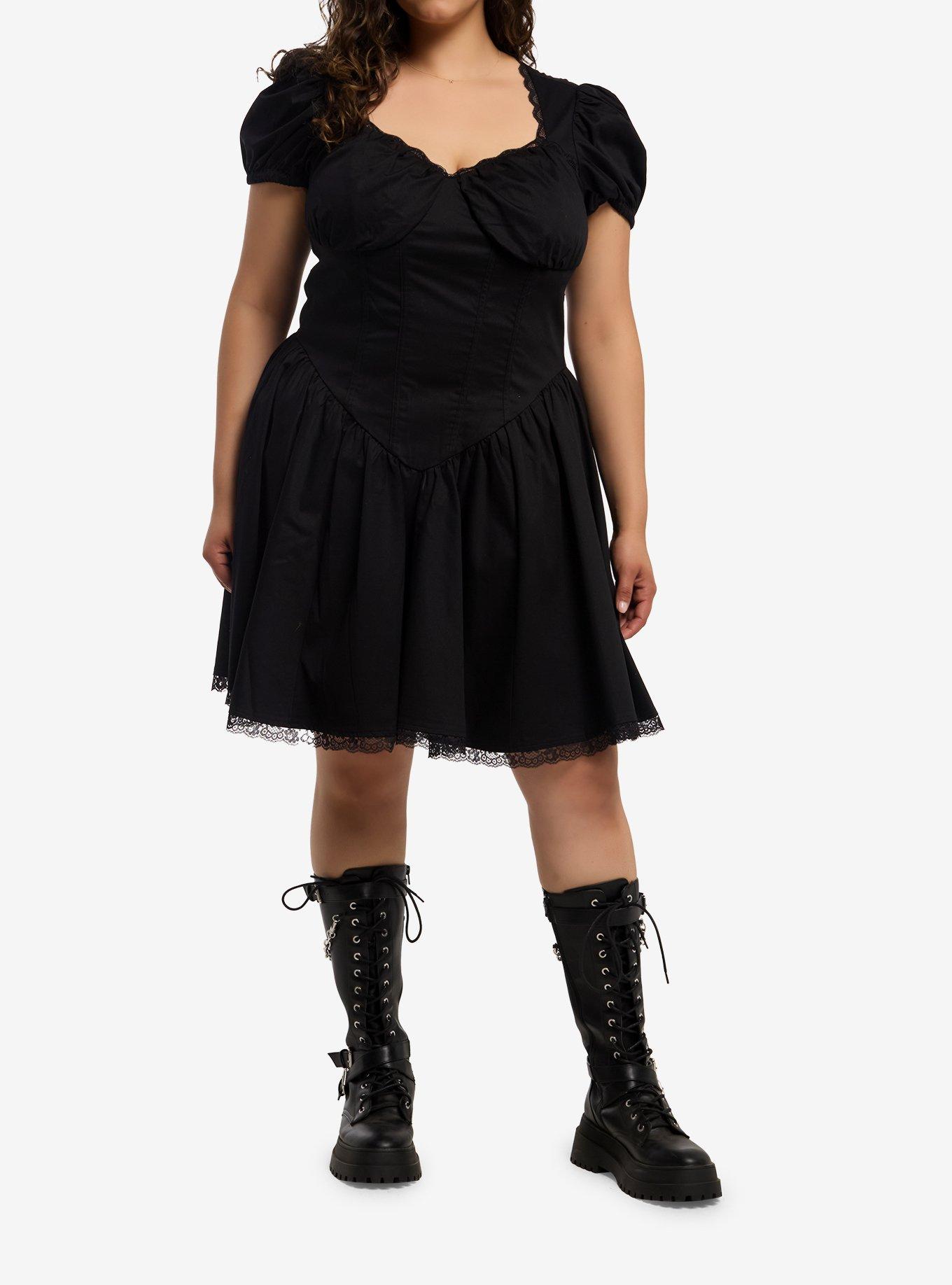 Social Collision Black Corset Puff Sleeve Dress Plus Size, , hi-res