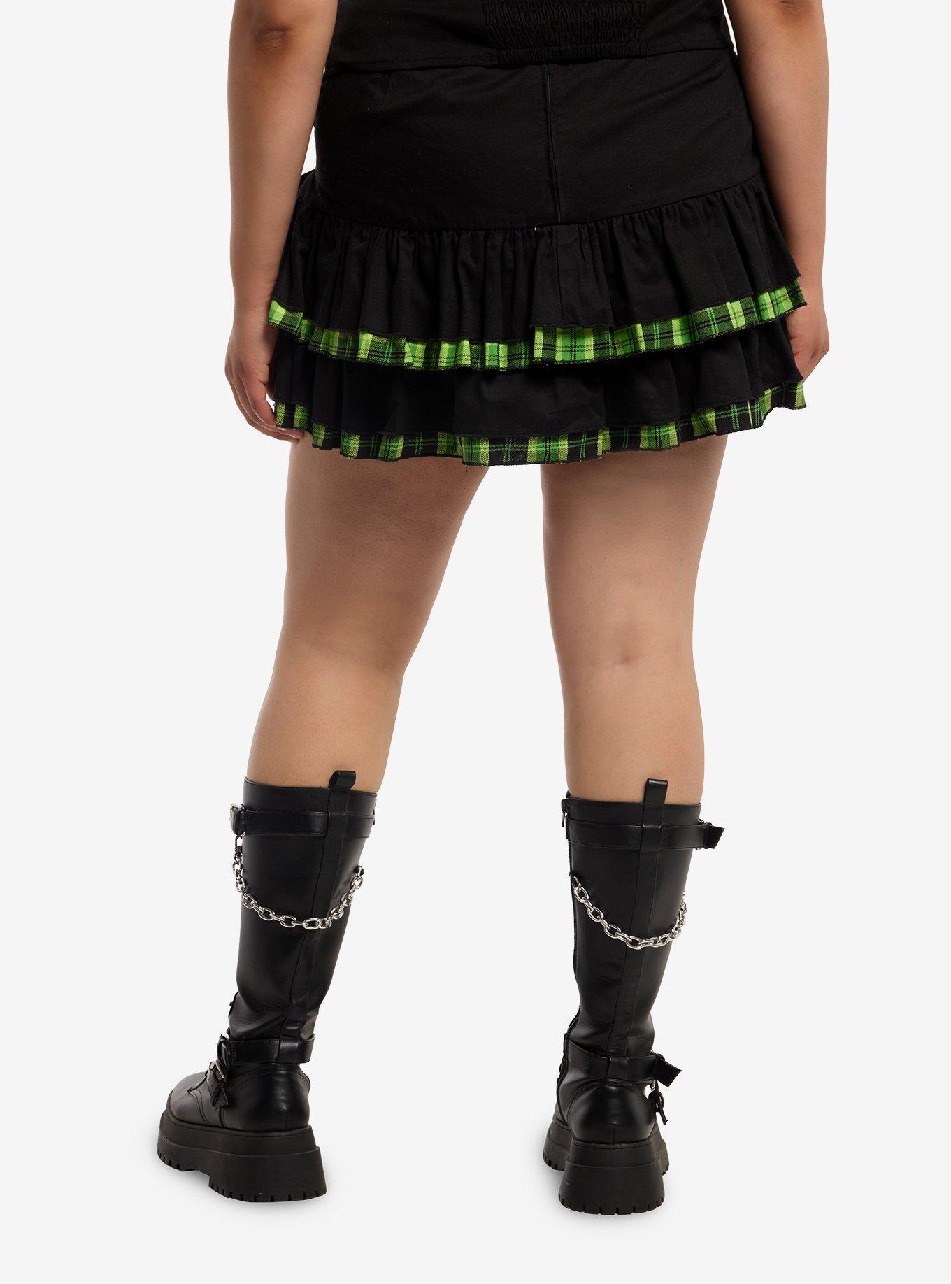 Social Collision Black & Green Plaid Grommet Belt  Skirt Plus Size, , hi-res