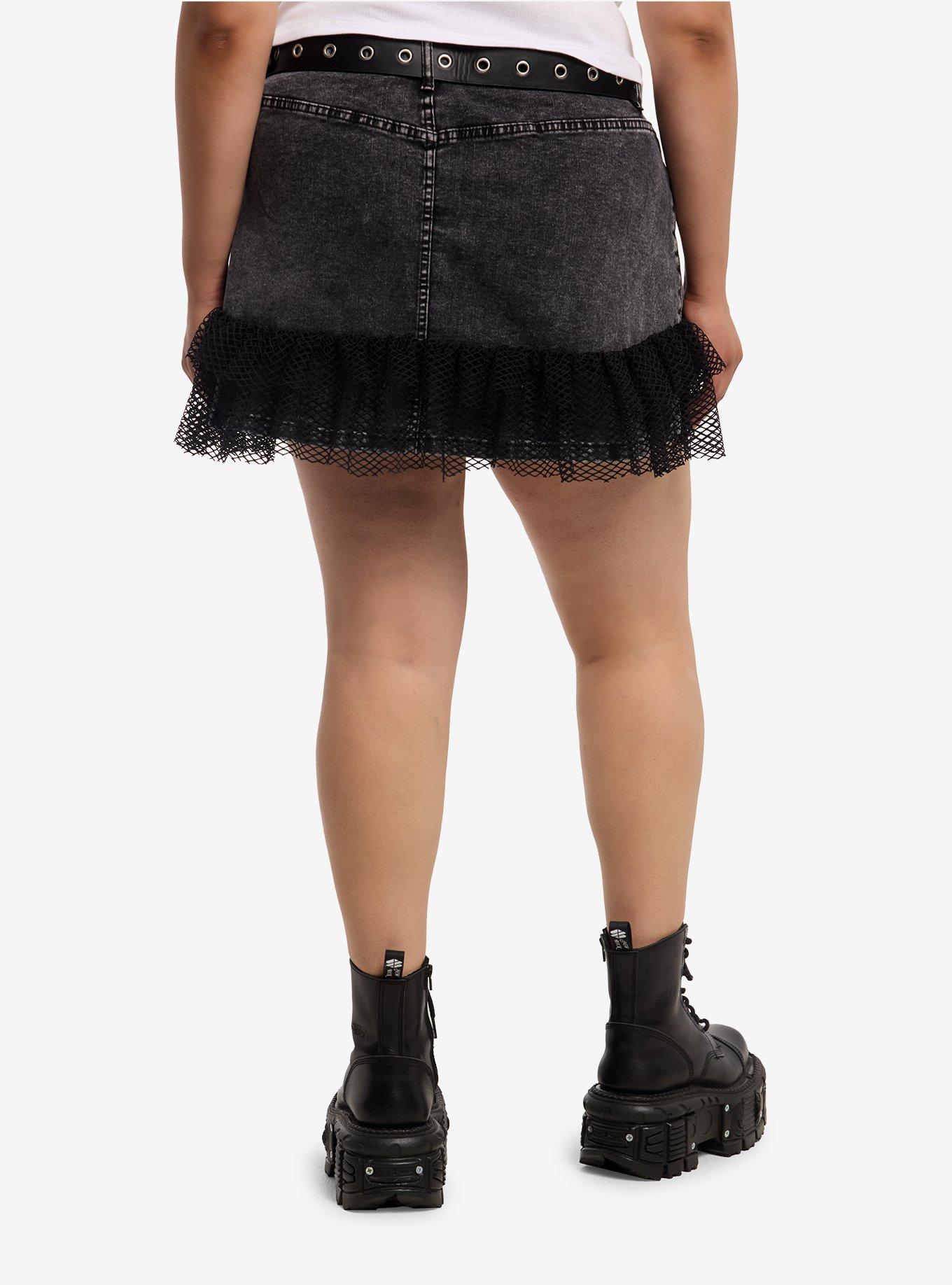 Social Collision Black Fishnet Ruffle Denim Skirt Plus Size, , hi-res