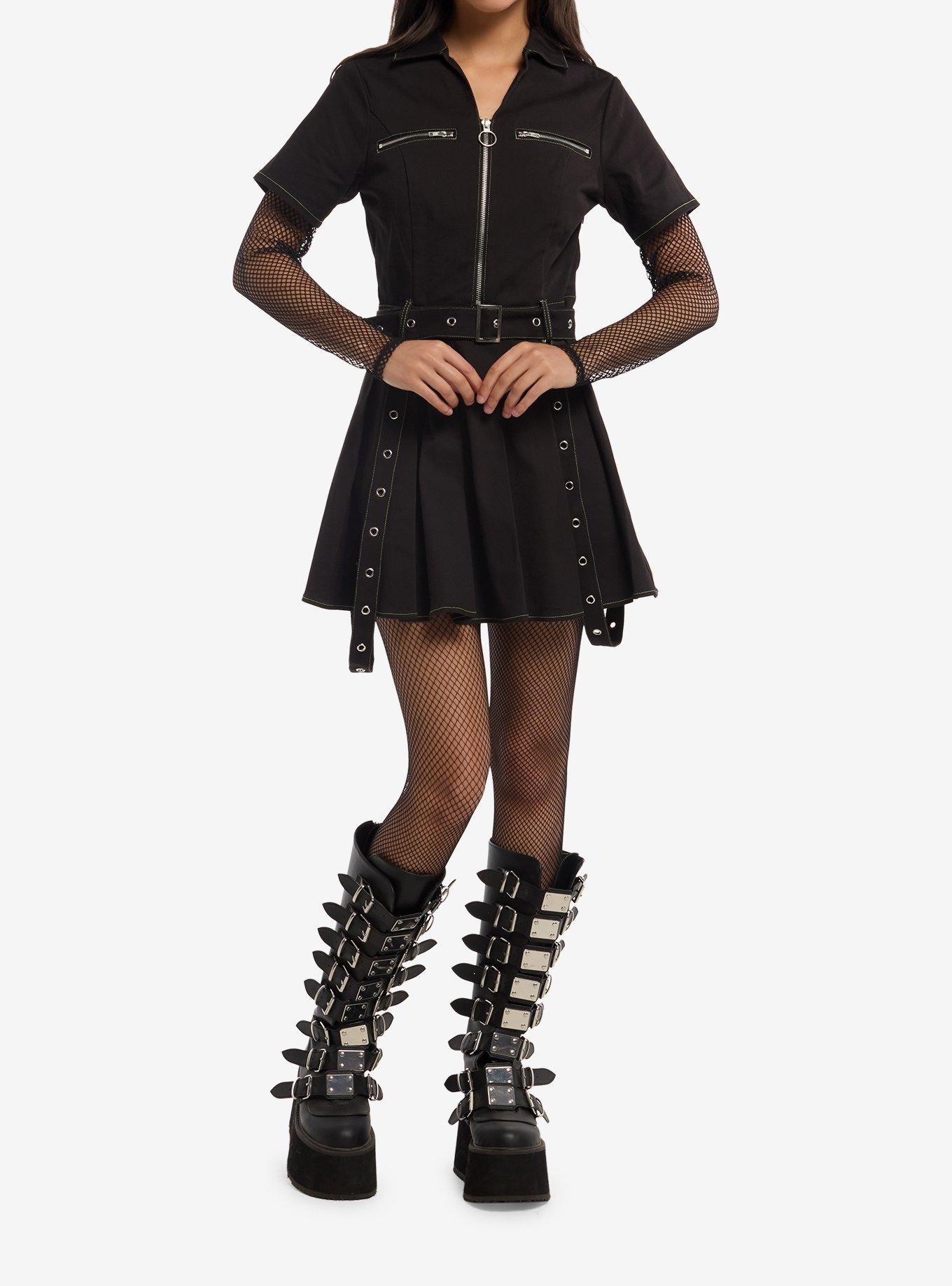 Social Collision Black & Green Stitch Zipper Suspender Dress, , hi-res