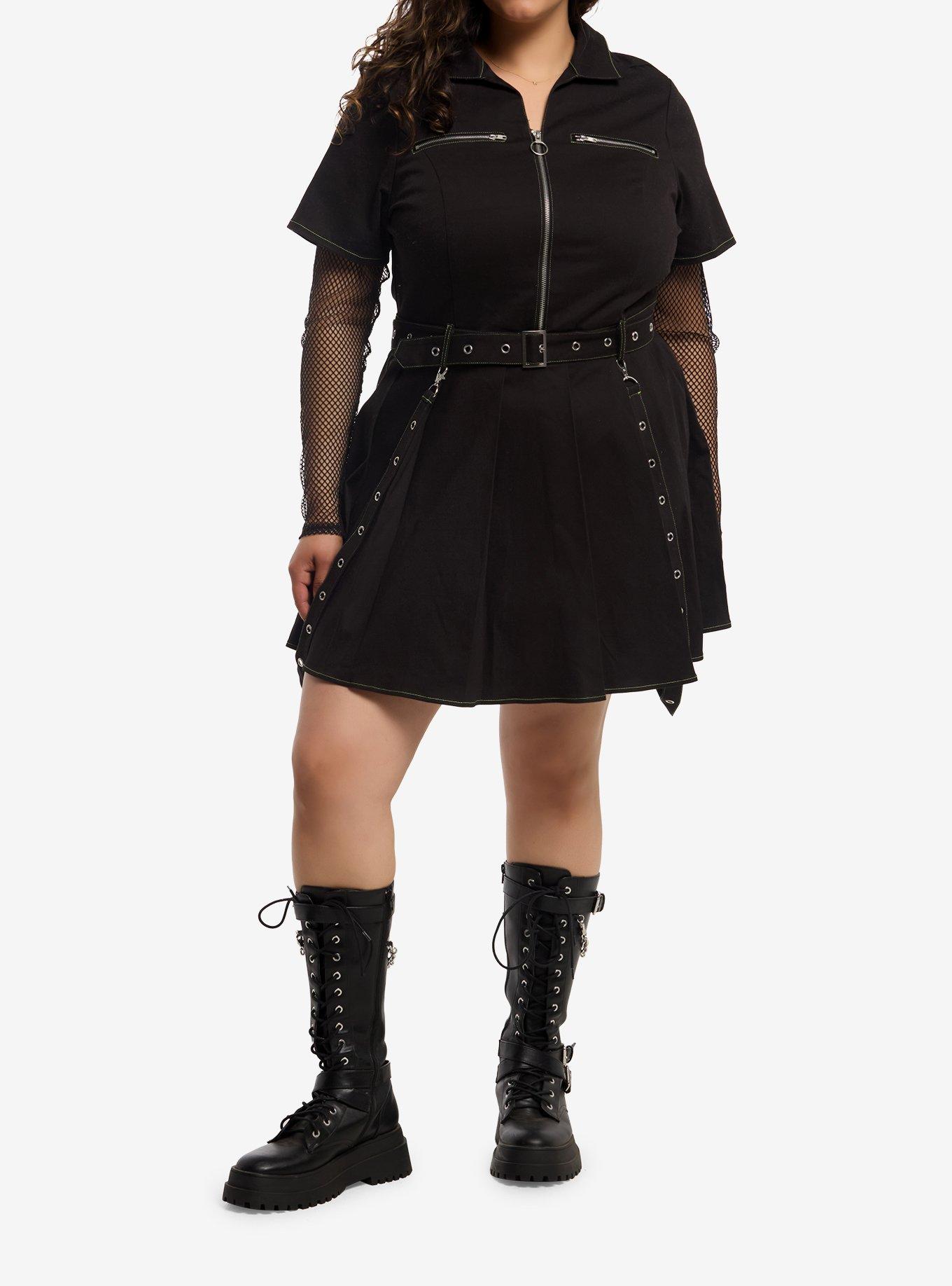 Social Collision Black & Green Stitch Zipper Suspender Dress Plus Size, , hi-res