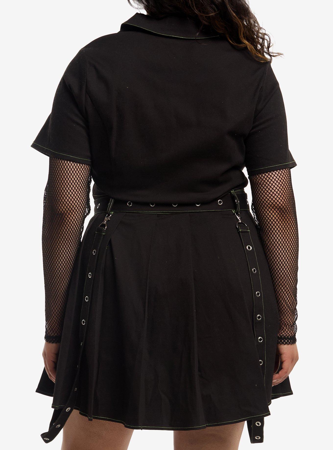 Social Collision Black & Green Stitch Zipper Suspender Dress Plus Size, MULTI, alternate