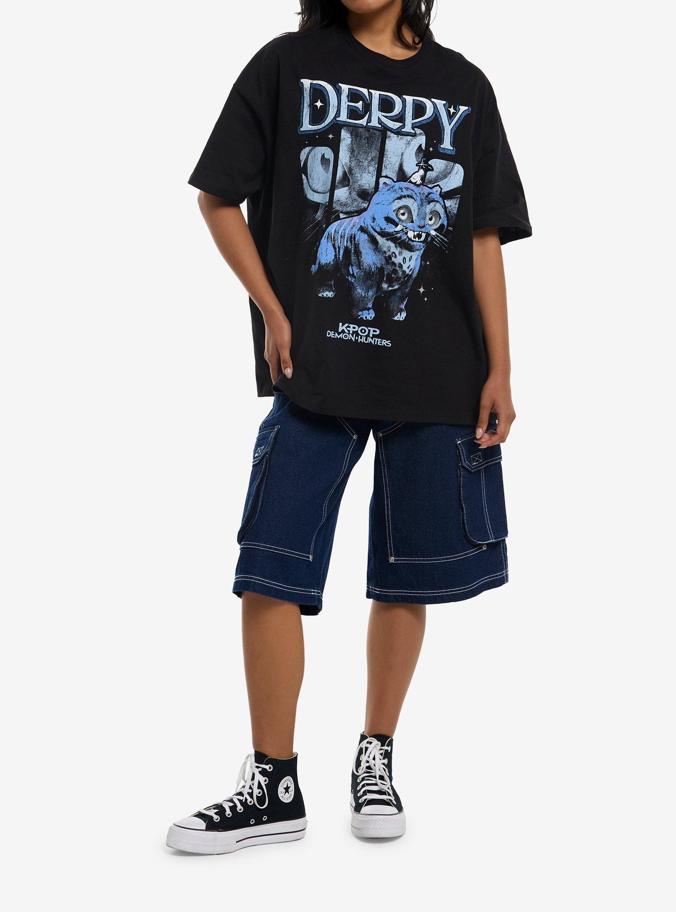 KPop Demon Hunters Derpy Tiger Destructed Girls Oversized T-Shirt, BLUE, alternate