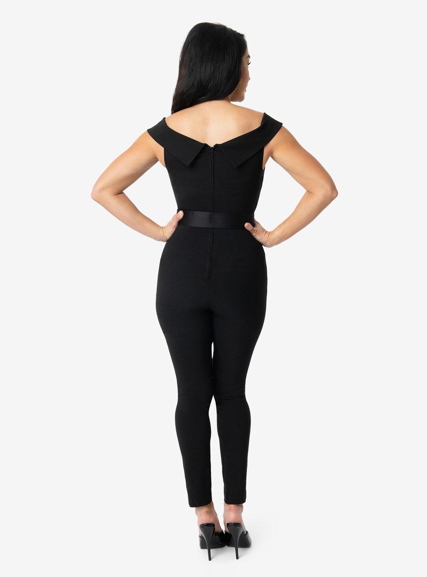 Unique Vintage Black Off Shoulder Gillian Jumpsuit, , hi-res