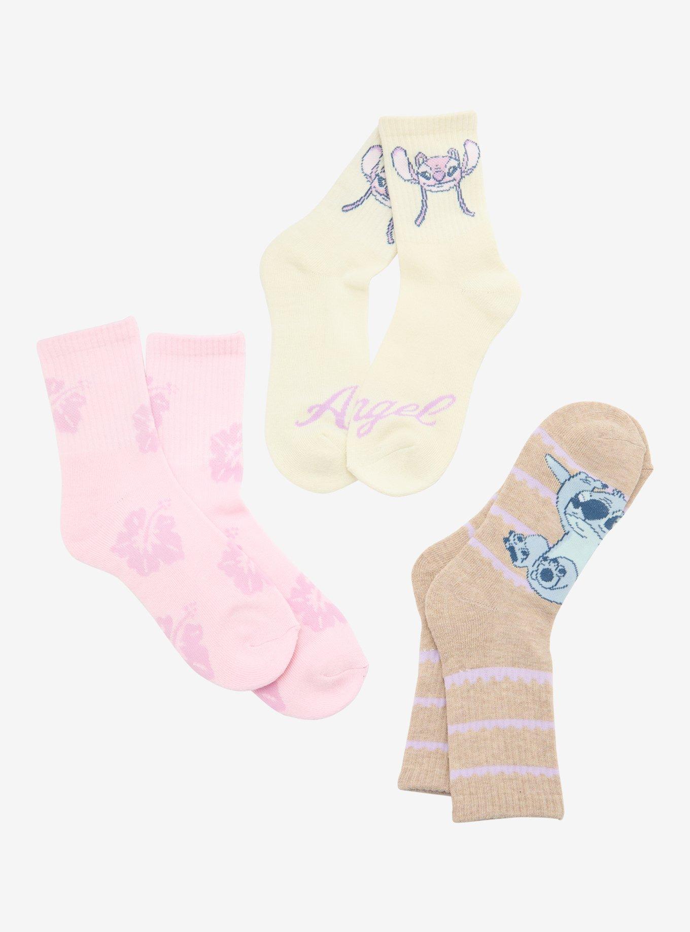 Disney Stitch & Angel Stripe Floral Crew Socks 3 Pair, , hi-res