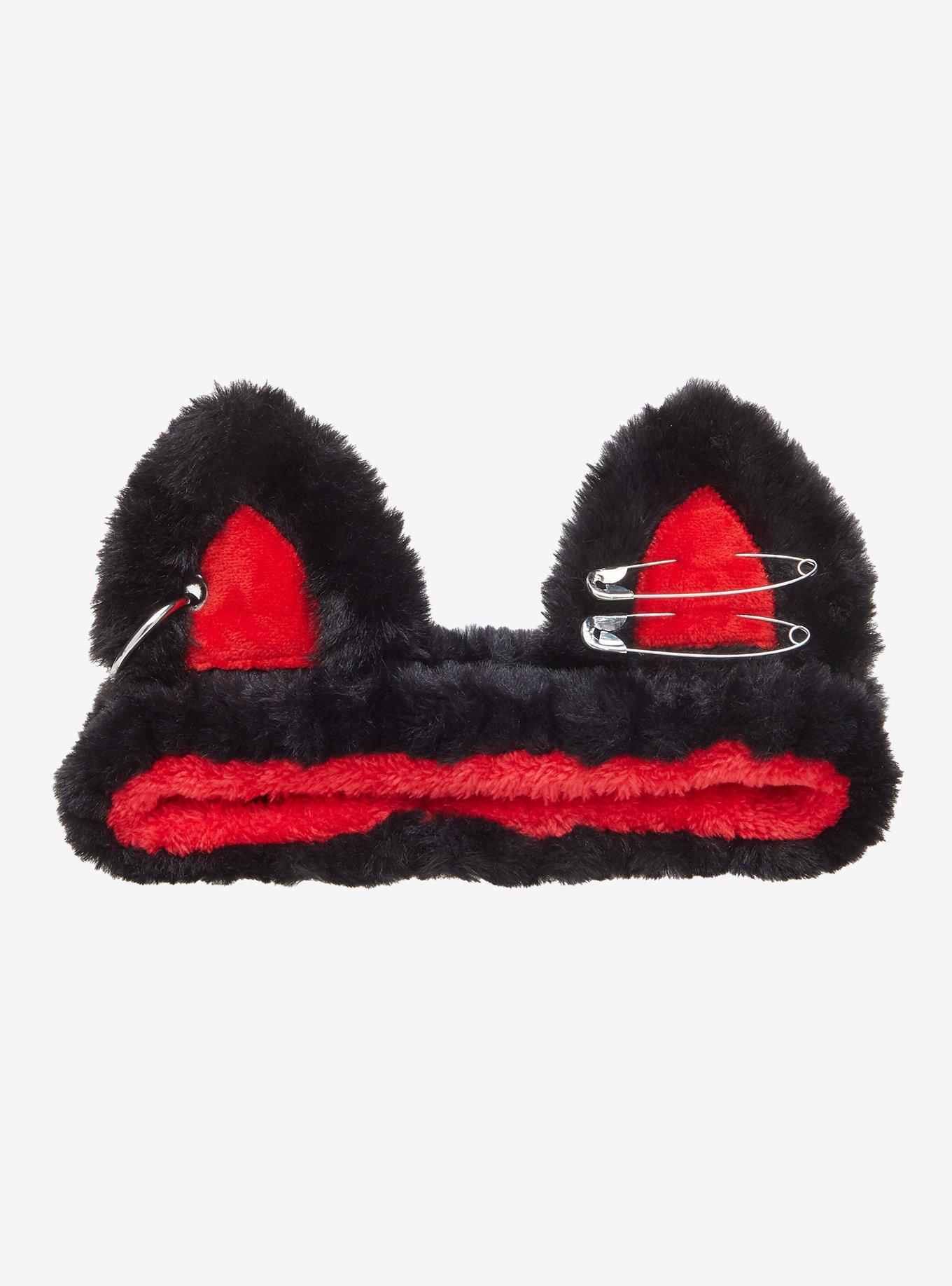 Black & Red Cat Pierced Plush Spa Headband, , hi-res