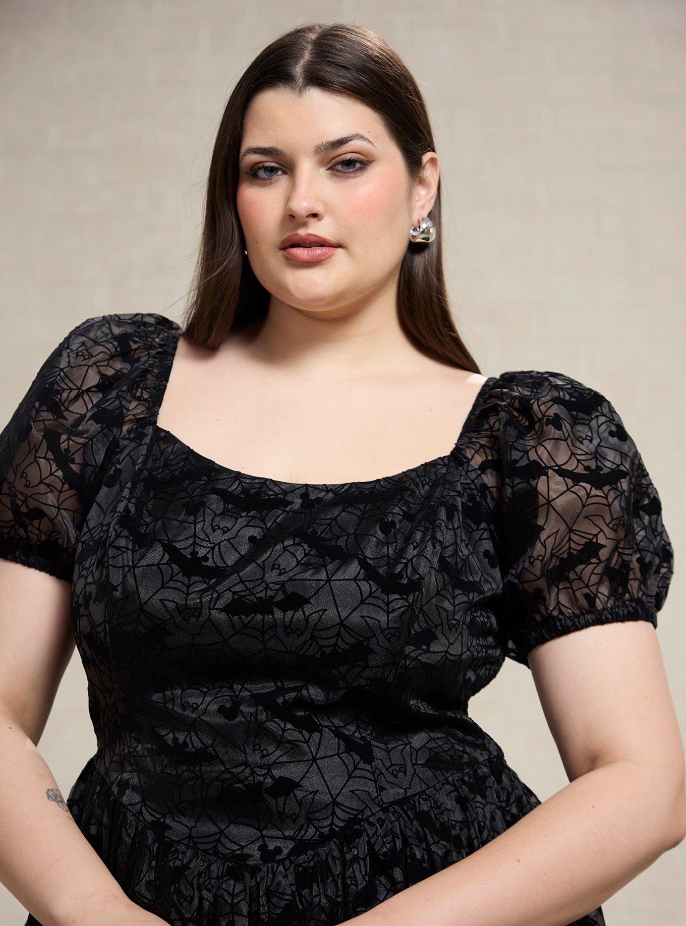 Disney Mickey Mouse Spiderweb Puff Sleeve Plus Size Dress, BLACK, alternate - view 4
