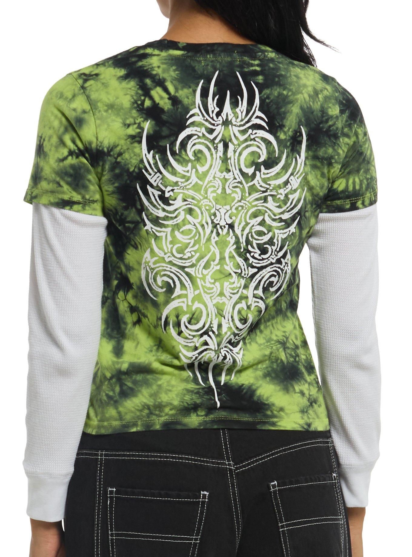 Social Collision Skull Green Tie-Dye Girls Twofer Long-Sleeve T-Shirt, , hi-res