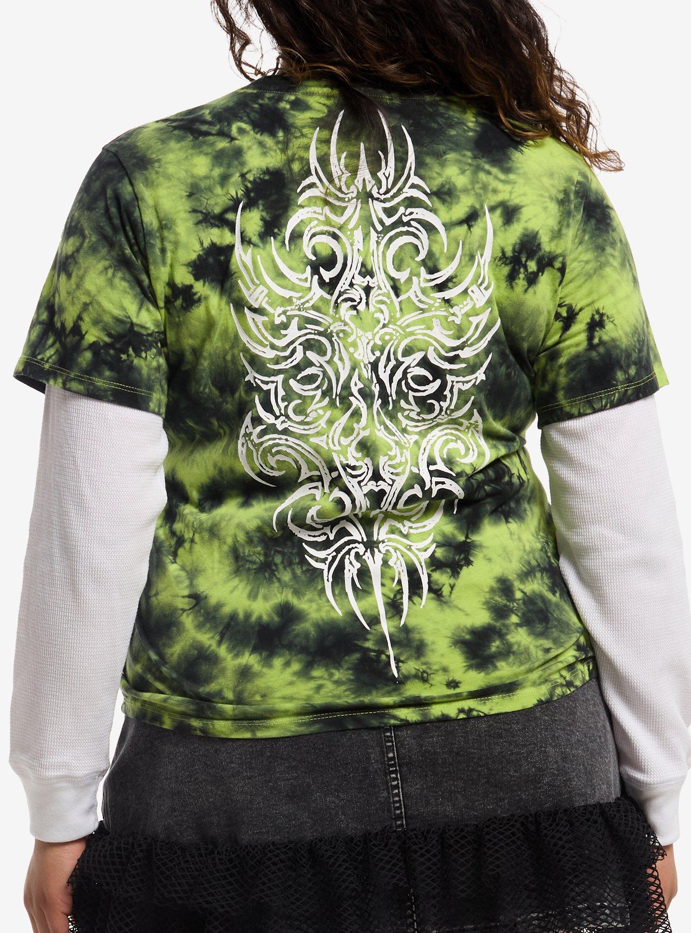 Social Collision Skull Green Tie-Dye Girls Twofer Long-Sleeve T-Shirt Plus Size, , hi-res