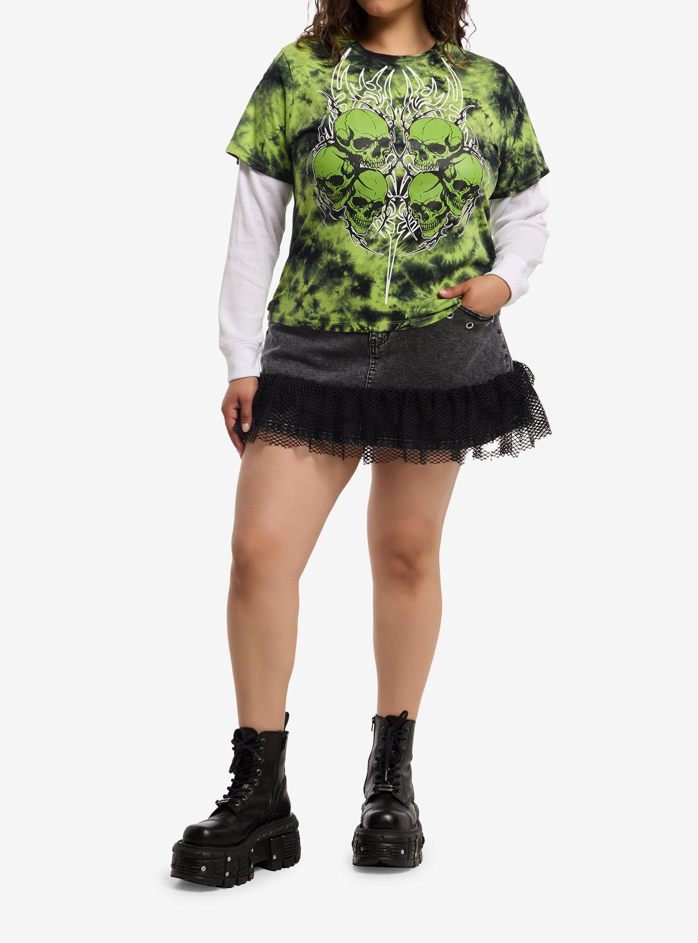 Social Collision Skull Green Tie-Dye Girls Twofer Long-Sleeve T-Shirt Plus Size, MULTI, alternate
