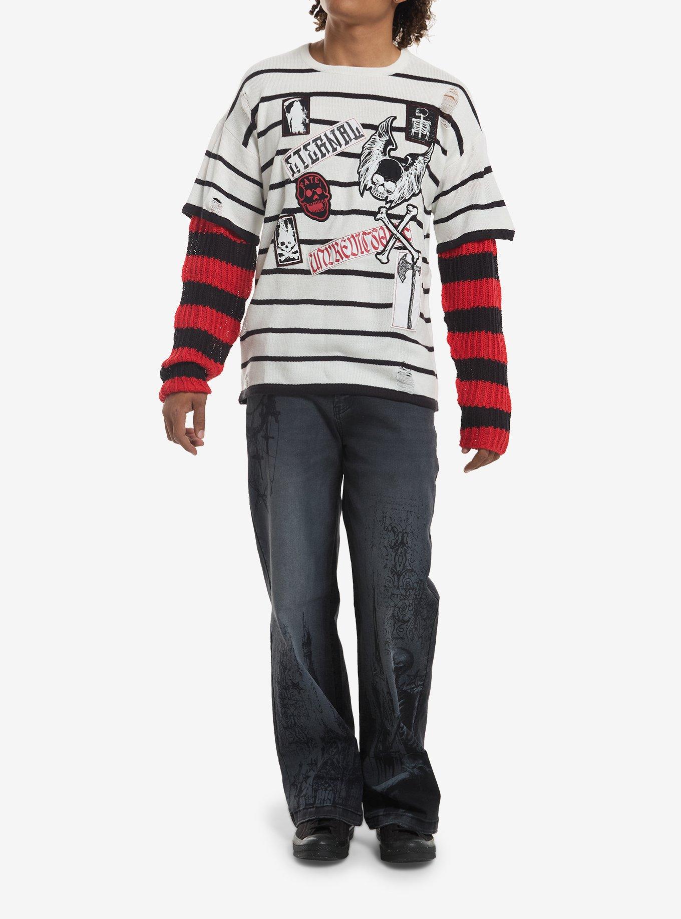 Skull Words Patch Distressed Knit Twofer Sweater, , hi-res