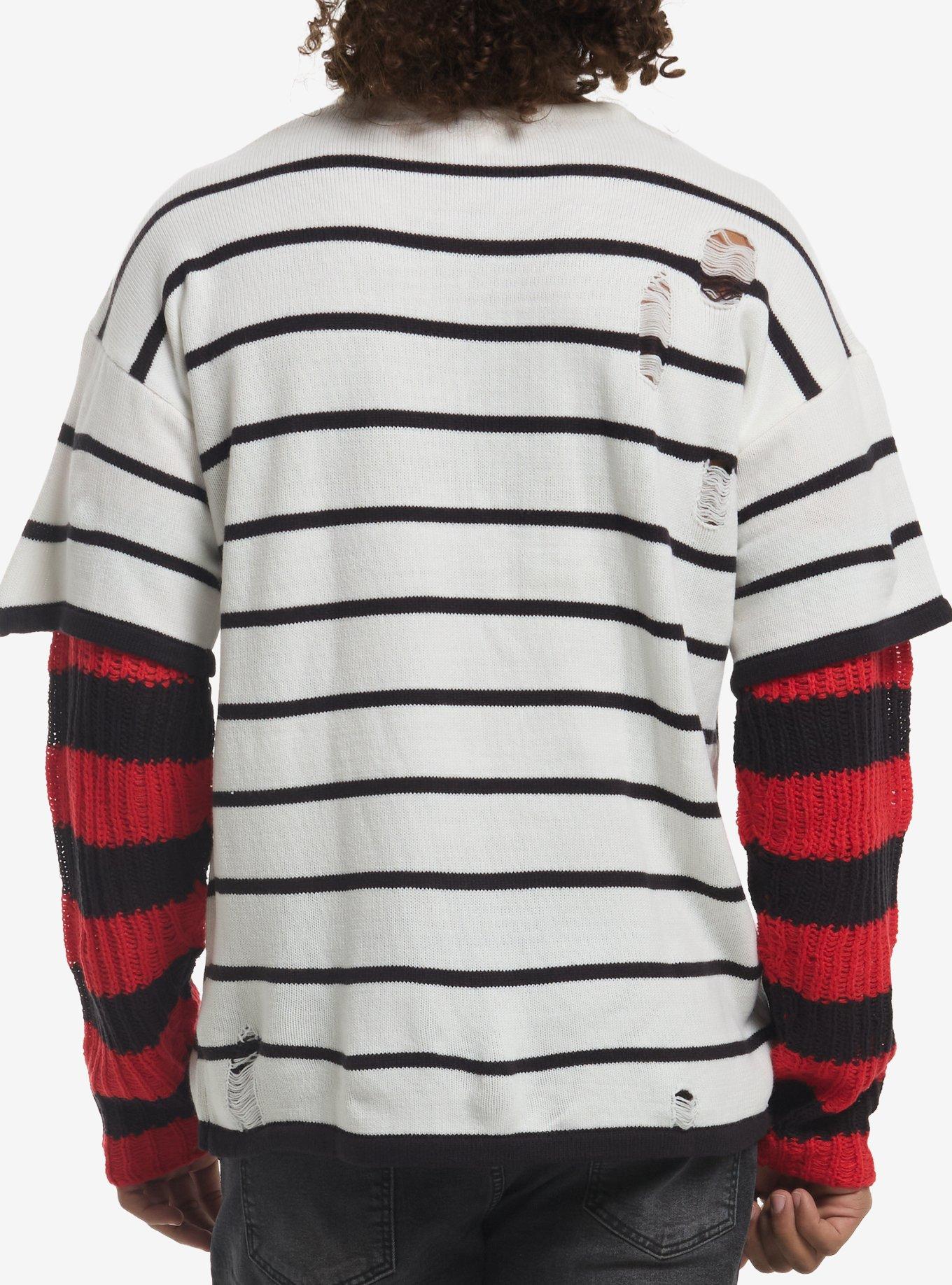 Skull Words Patch Distressed Knit Twofer Sweater, MULTI, alternate