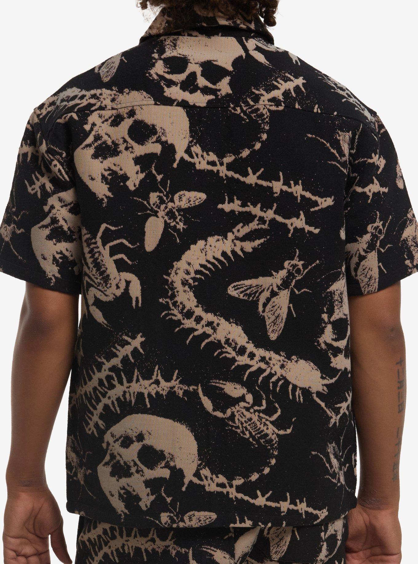 Insect & Skull Tapestry Woven Button-Up, BLACK, alternate