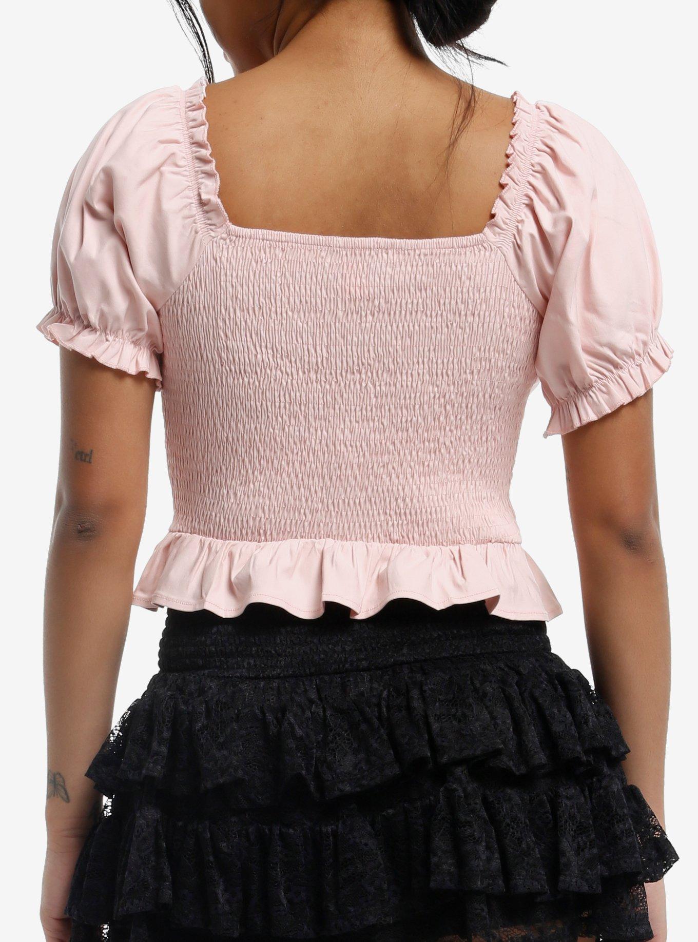 Sweet Society Pastel Pink Puff Sleeve Girls Crop Top, PINK, alternate