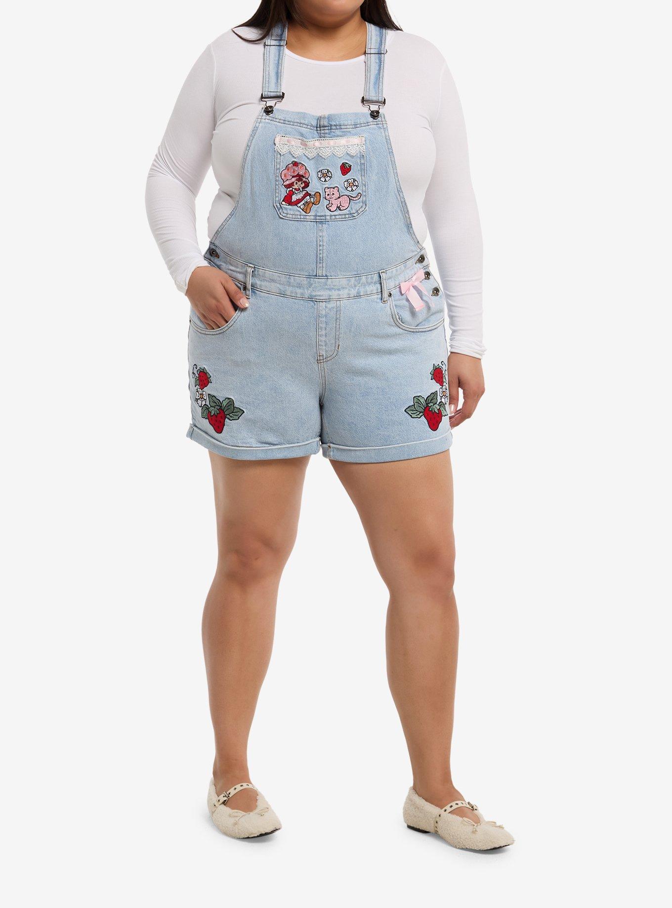 Strawberry Shortcake Embroidered Ribbon Lace Denim Shortalls Plus Size, , hi-res