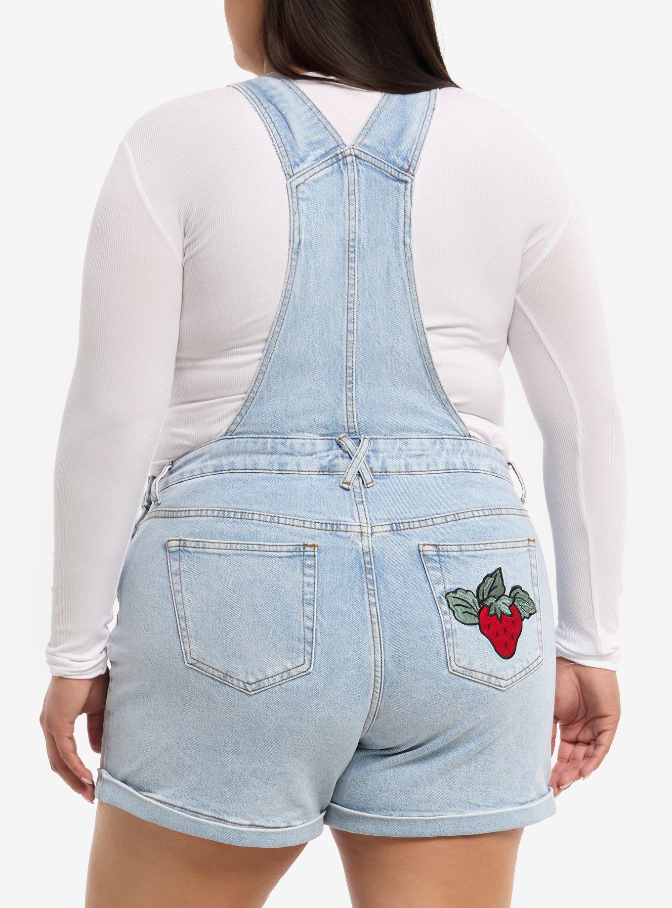 Strawberry Shortcake Embroidered Ribbon Lace Denim Shortalls Plus Size, MULTI, alternate