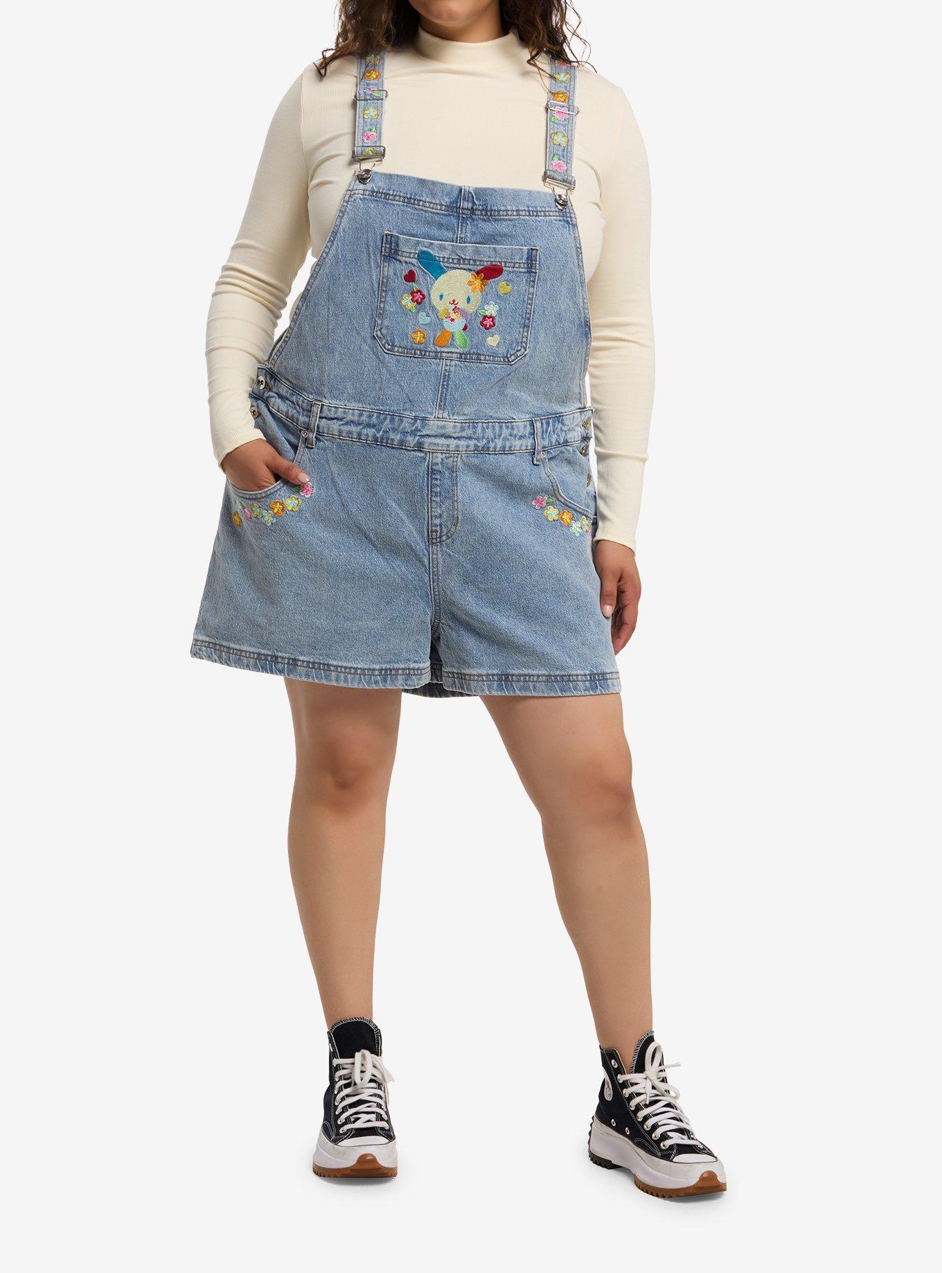 U*SA*HA*NA Flowers Oversized Denim Shortalls Plus Size, , hi-res