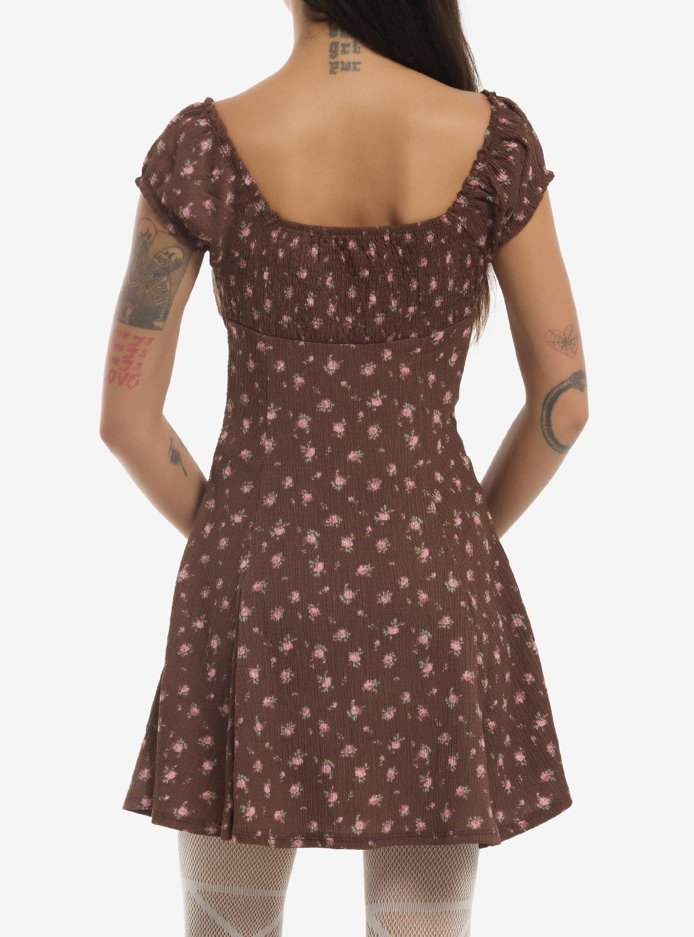 Brown & Pink Floral Puff Sleeve Mini Dress, MULTI, alternate