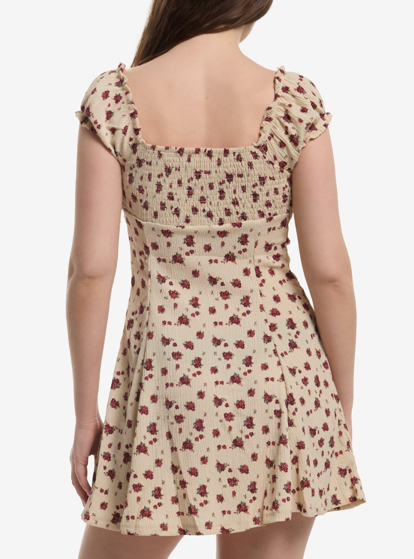 Floral Tan Puff Sleeve Mini Dress, MULTI, alternate