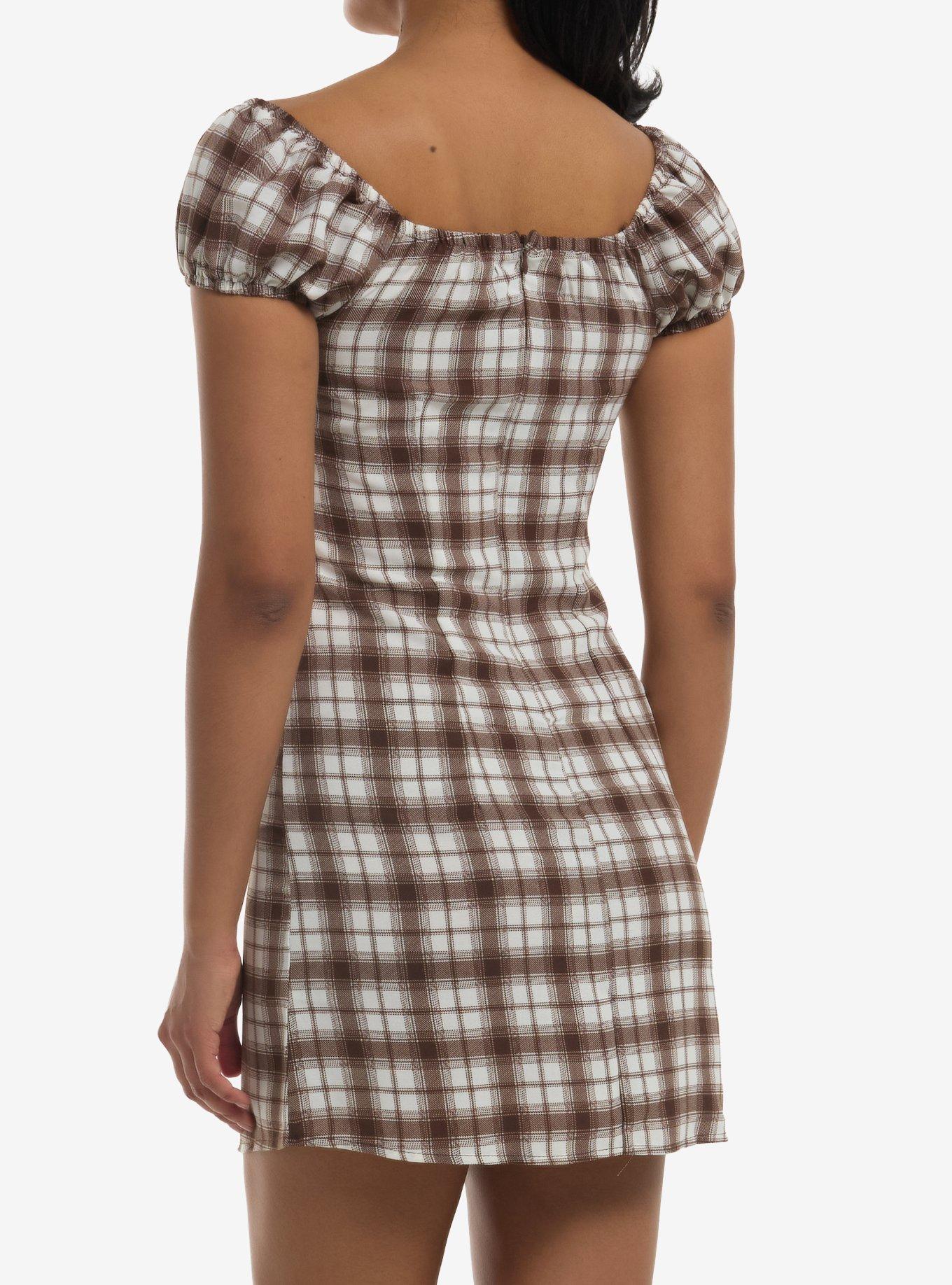 Brown & White Plaid Mini Dress, MULTI, alternate
