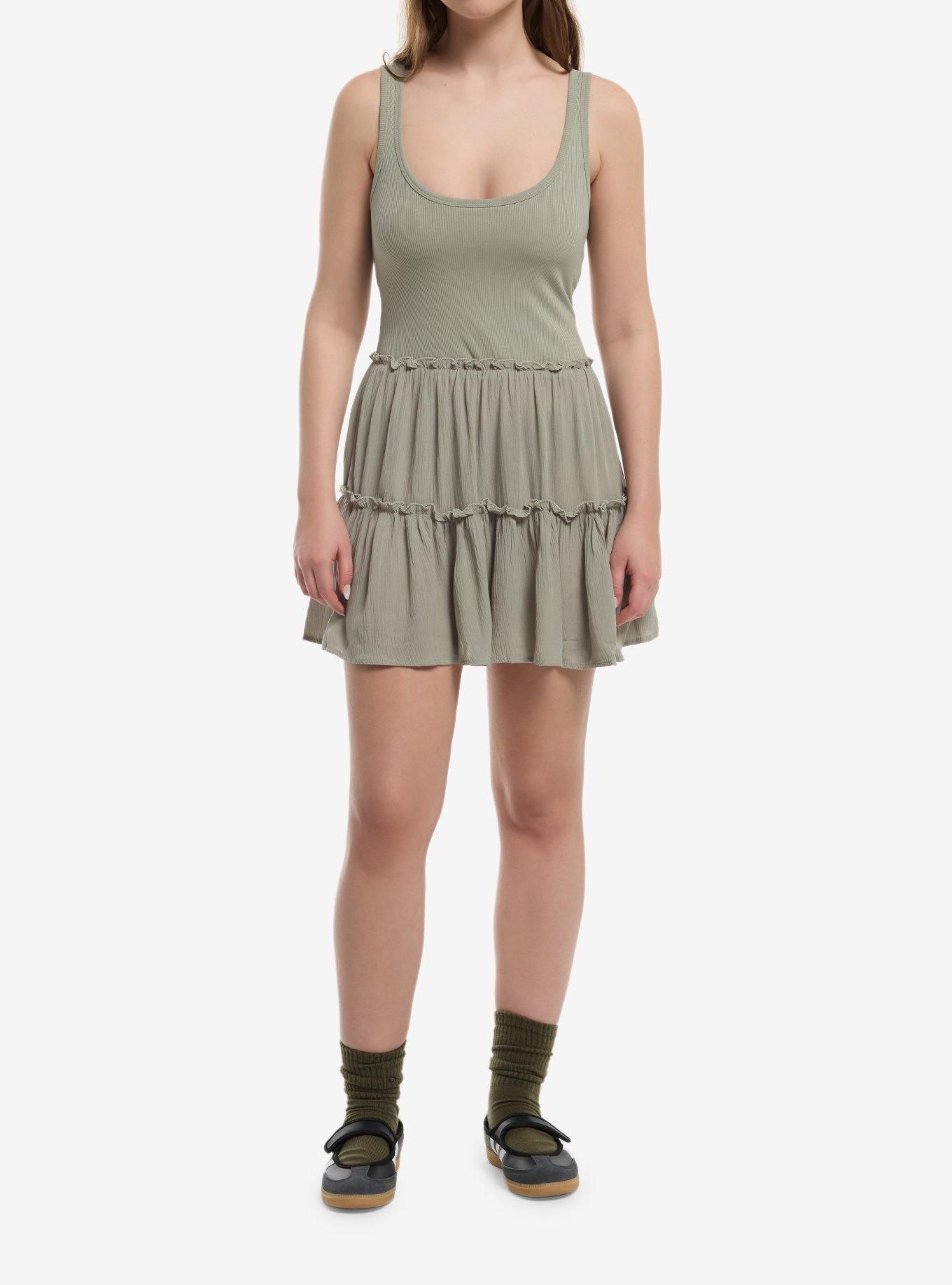 Sage Green Tiered Mini Dress, , hi-res