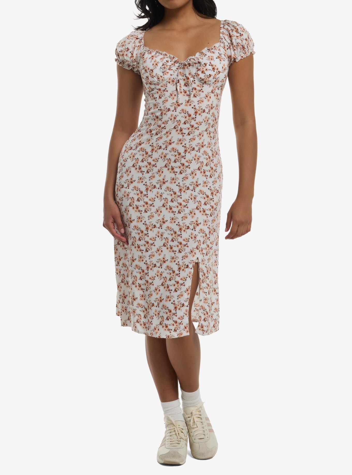 White & Tan Floral Midi Dress, , hi-res
