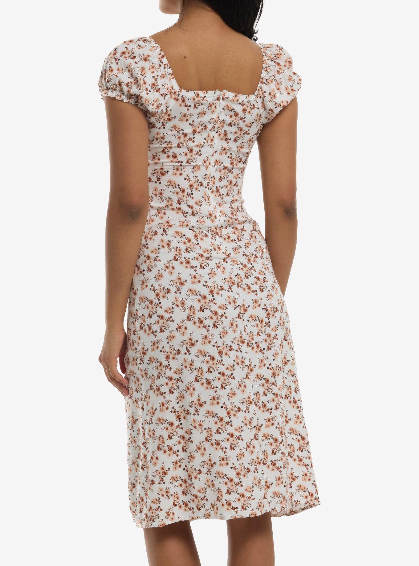 White & Tan Floral Midi Dress, MULTI, alternate