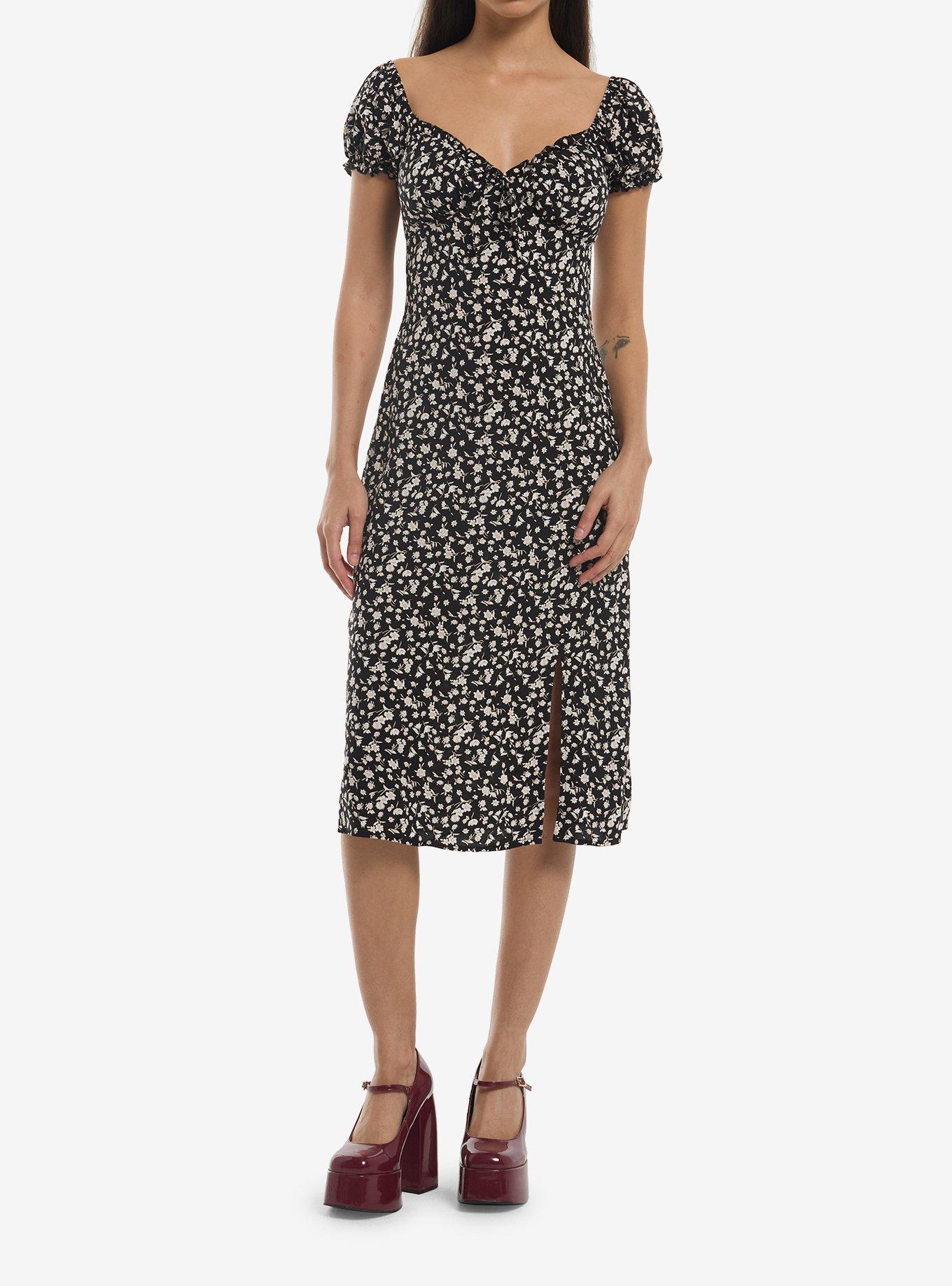 Black Floral Puff Sleeve Midaxi Dress, , hi-res