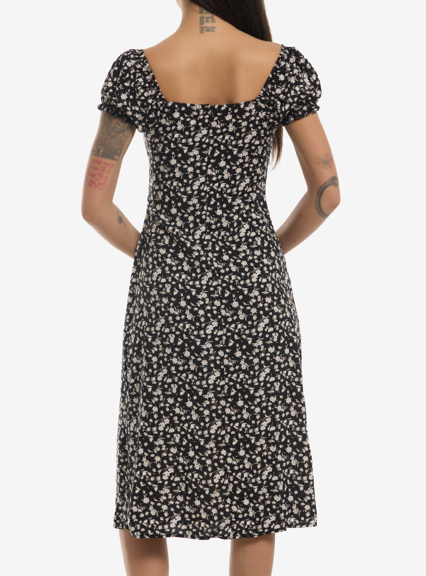 Black Floral Puff Sleeve Midaxi Dress, MULTI, alternate