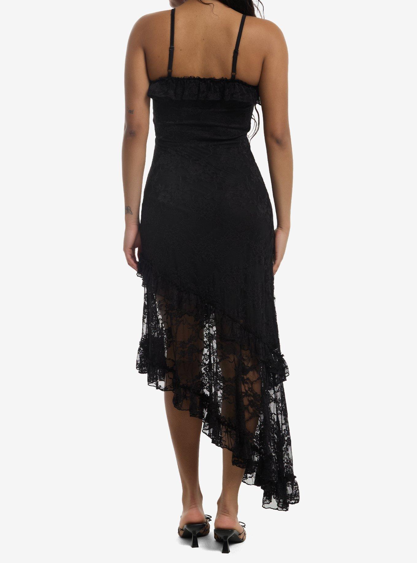 Black Lace Ruffle Asymmetrical Cami Dress, , hi-res