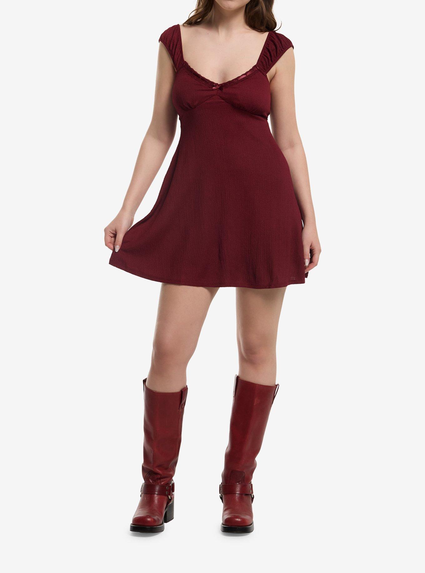 Burgundy Satin Bow Mini Dress, , hi-res