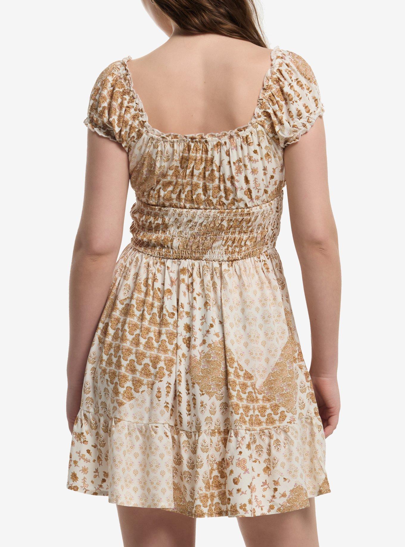 Brown Floral Tiered Puff Sleeve Dress, MULTI, alternate