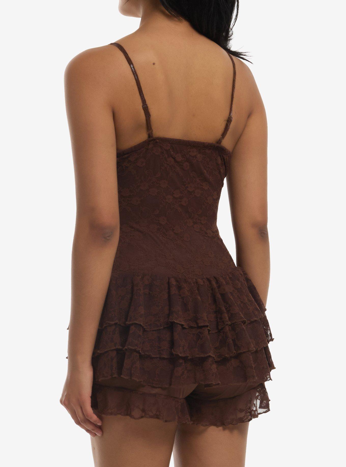 Brown Lace Tiered Cami Mini Dress, MULTI, alternate