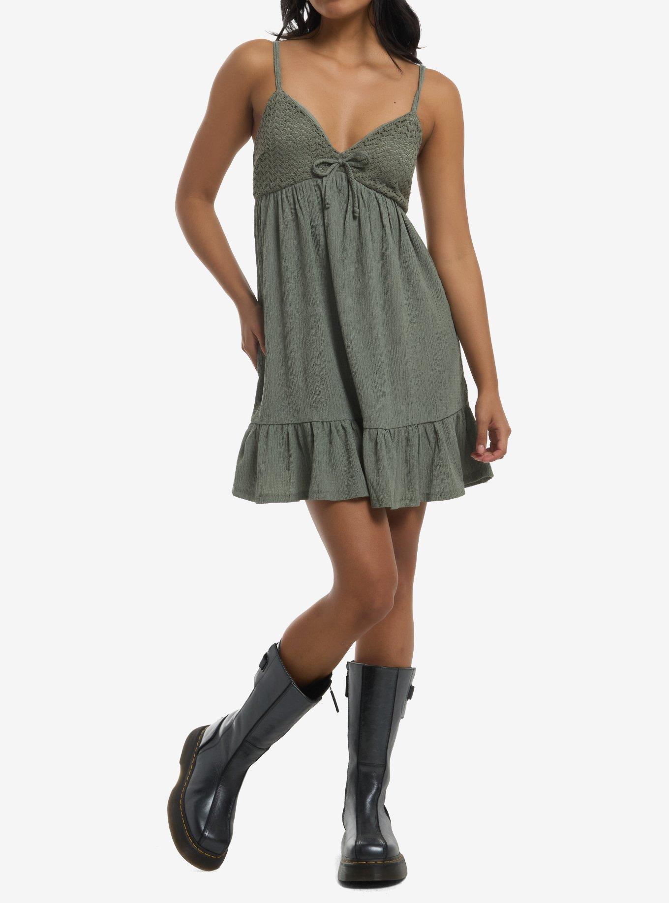 Olive Knit Tiered Babydoll Mini Dress, , hi-res