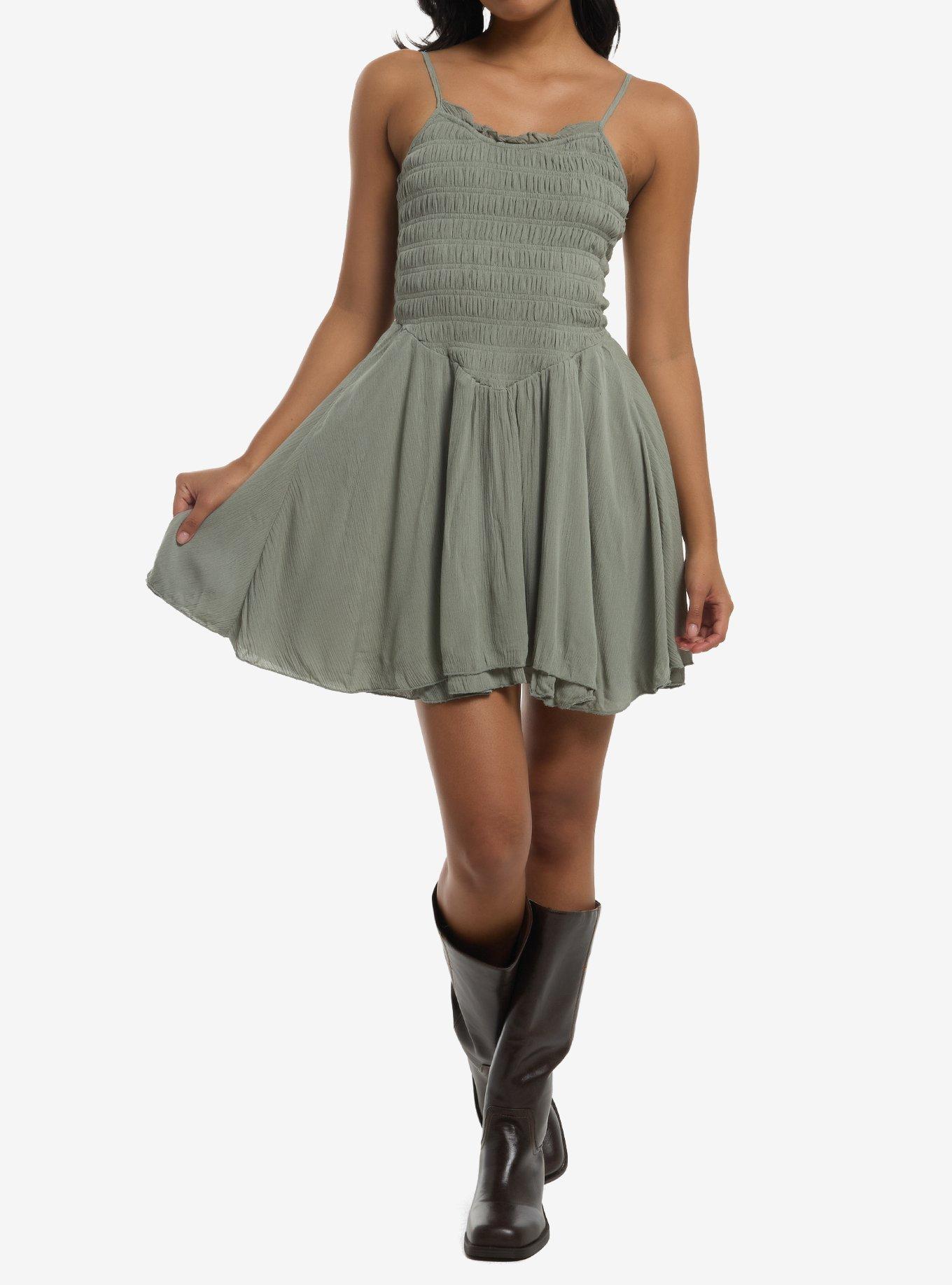Olive Green Smocked Ruffle Mini Dress, , hi-res