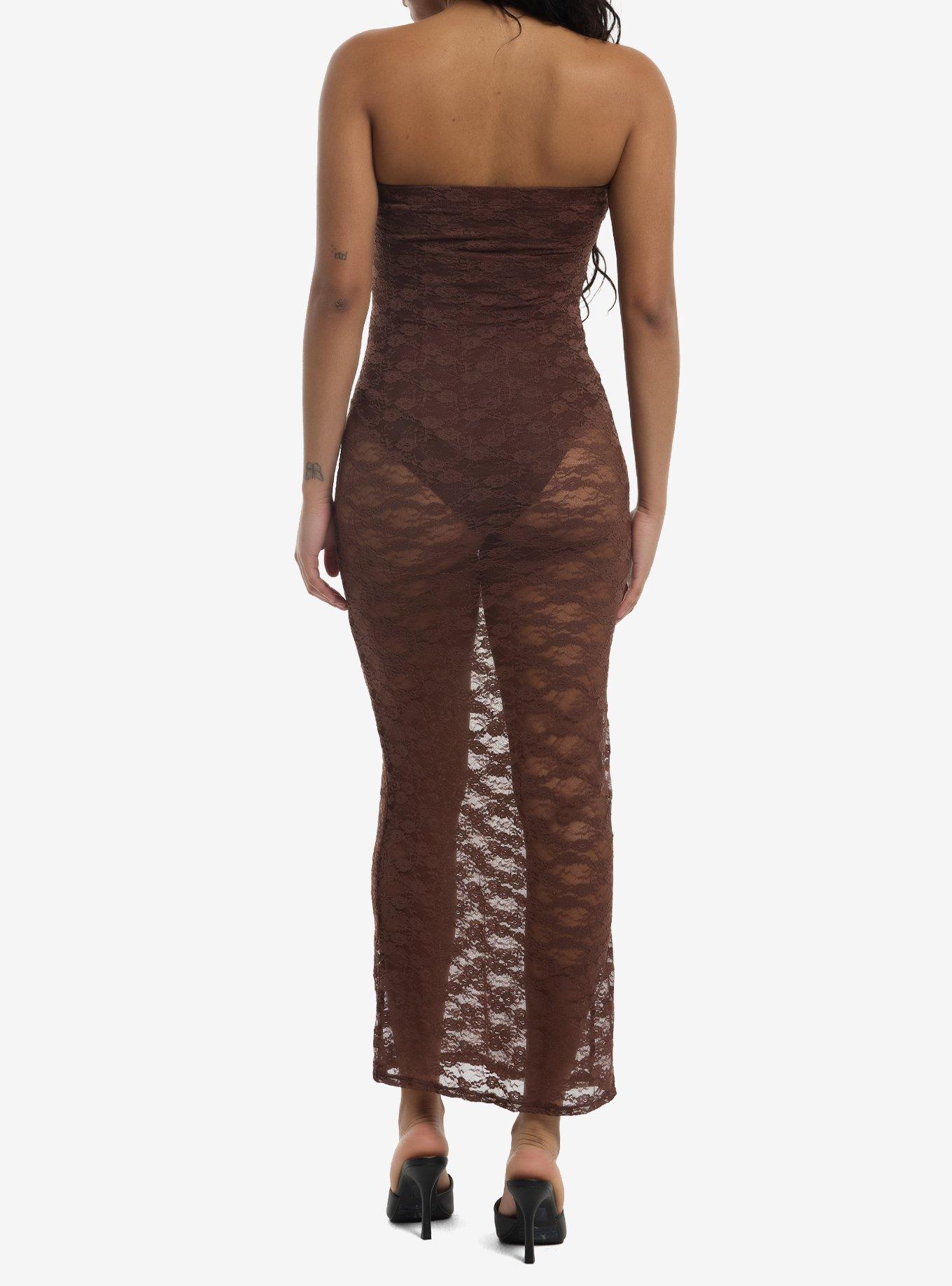 Brown Lace Strapless Midaxi Dress, , hi-res