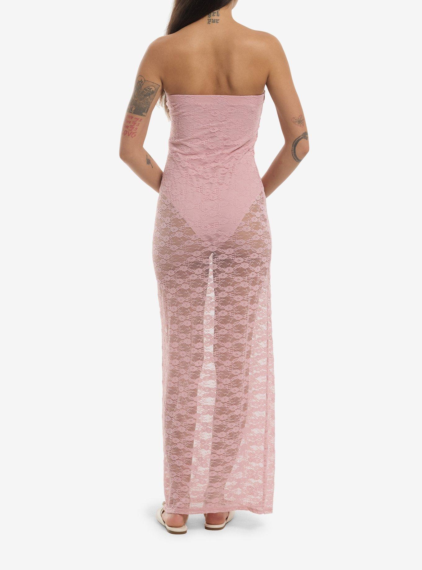 Pink Floral Lace Strapless Midaxi Dress, , hi-res