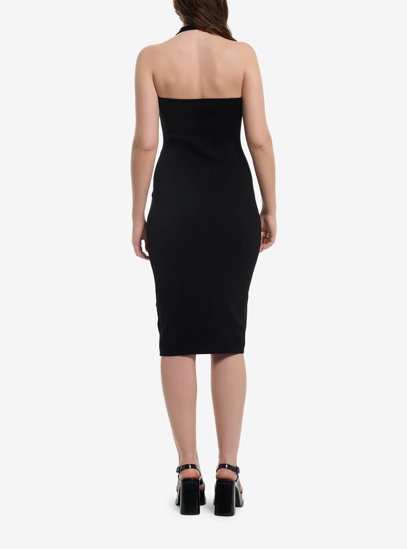 Black Grommet Halter Midi Dress, , hi-res