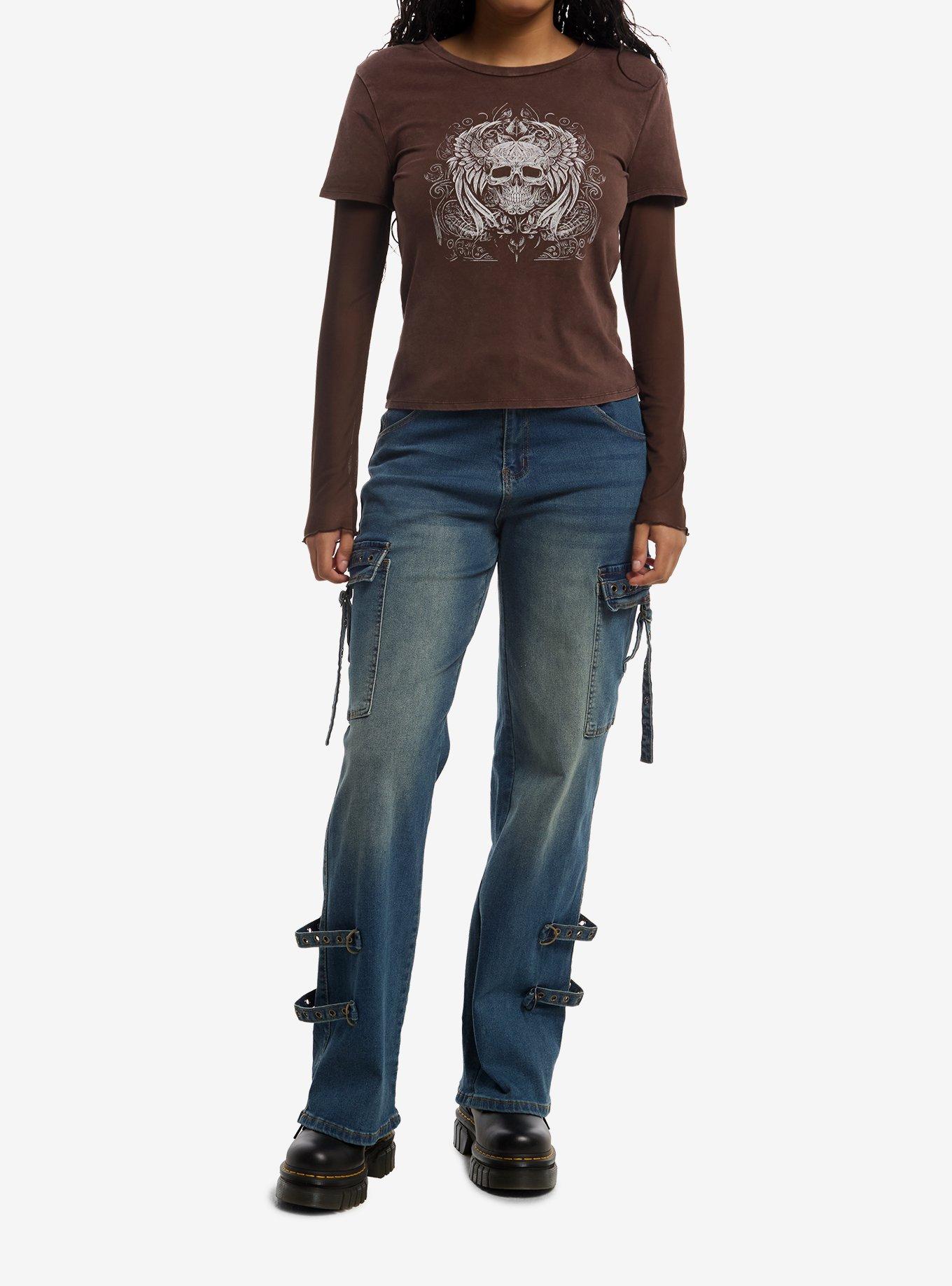 Social Collision Brown Skull Filigree Mesh Girls Twofer Top, , hi-res