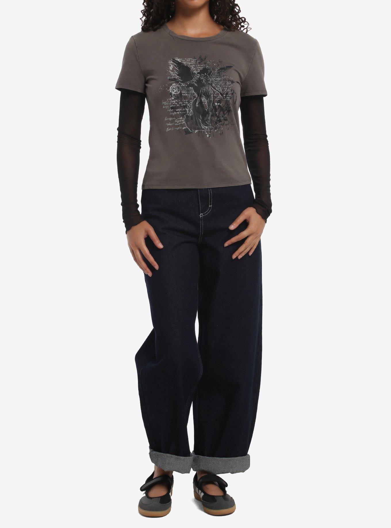 Social Collision Angel Mesh Girls Twofer Long-Sleeve Top, , hi-res