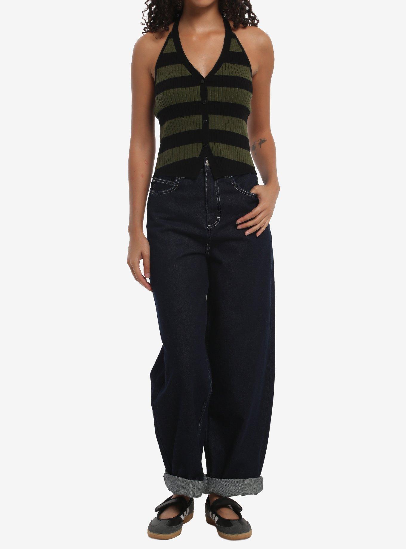 Black & Green Stripe Knit Girls Halter Top, , hi-res