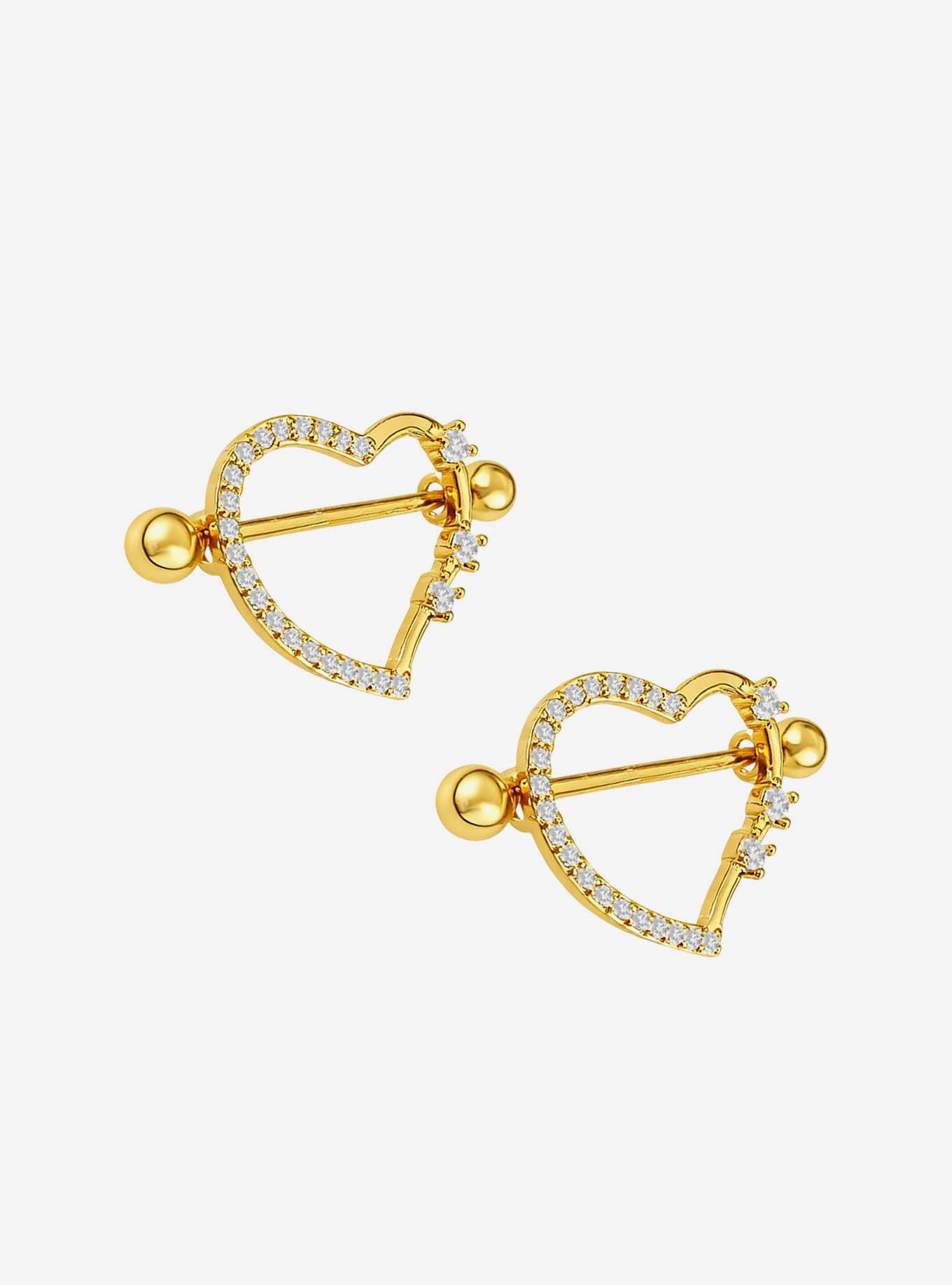 Steel Gold Bling Heart Nipple Barbell 2 Pack, , hi-res