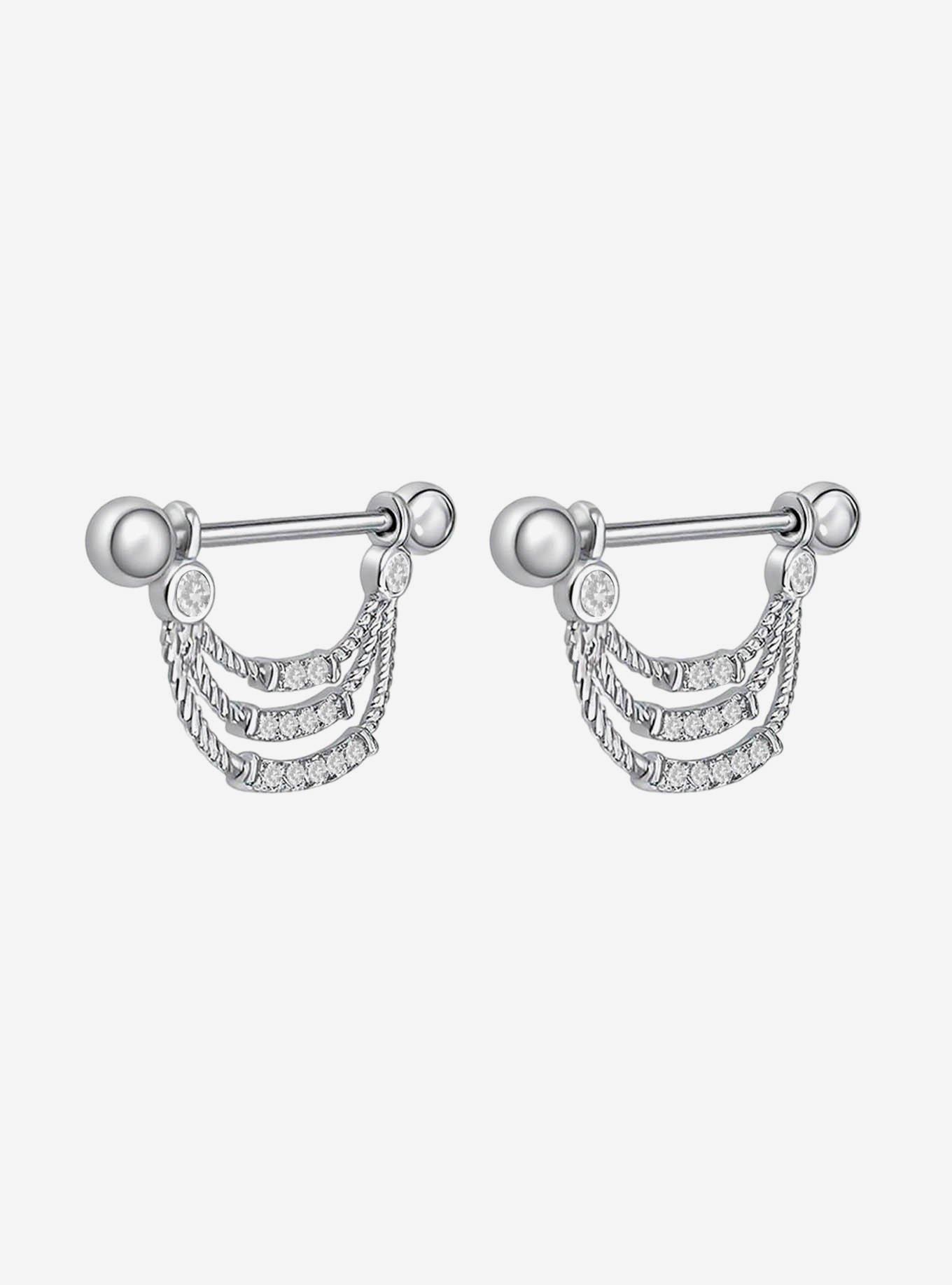 Steel Silver Bling Draped Chain Nipple Barbell 2 Pack, , hi-res