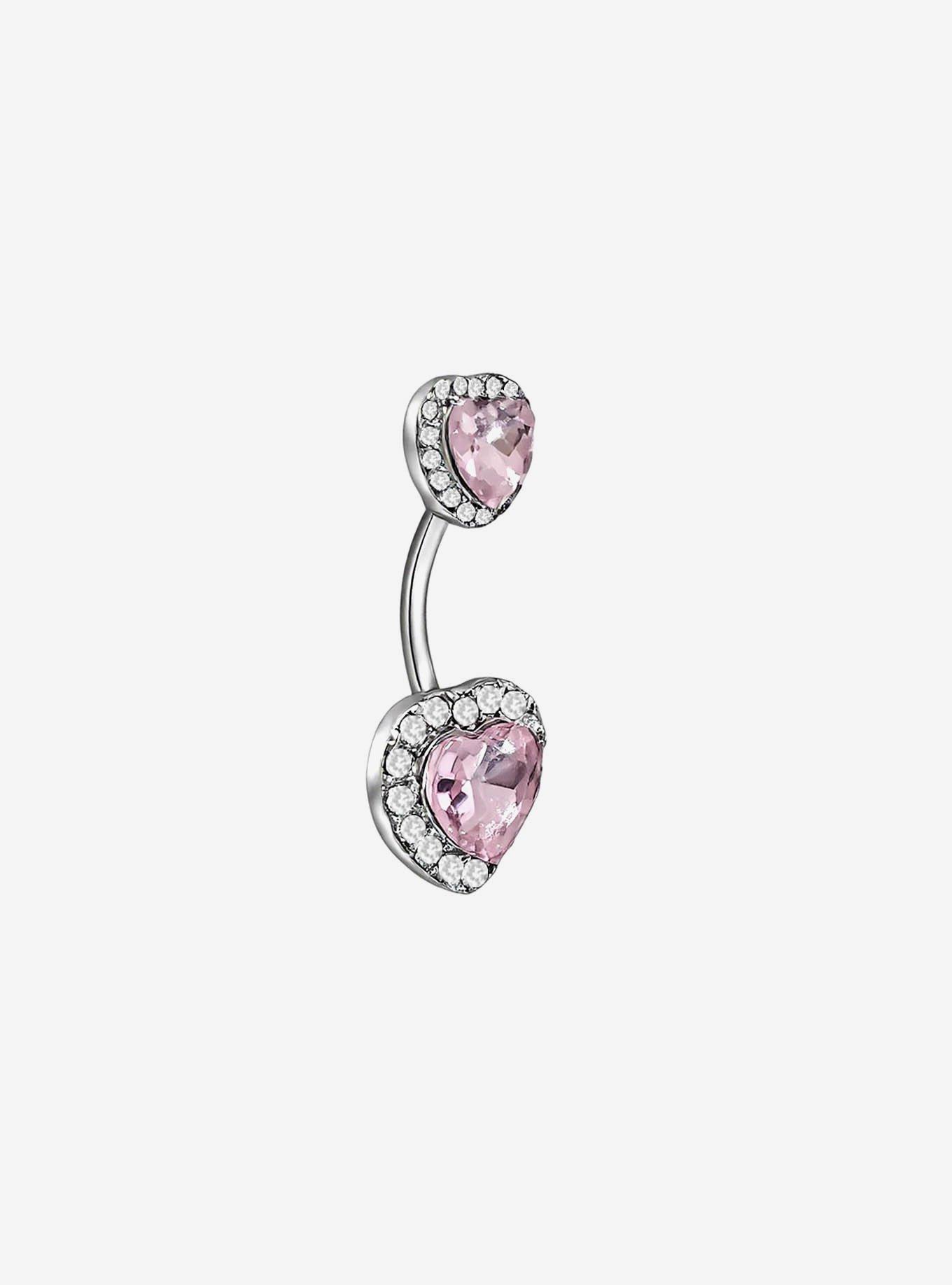 Steel Bling Pink Heart Navel Barbell, , hi-res