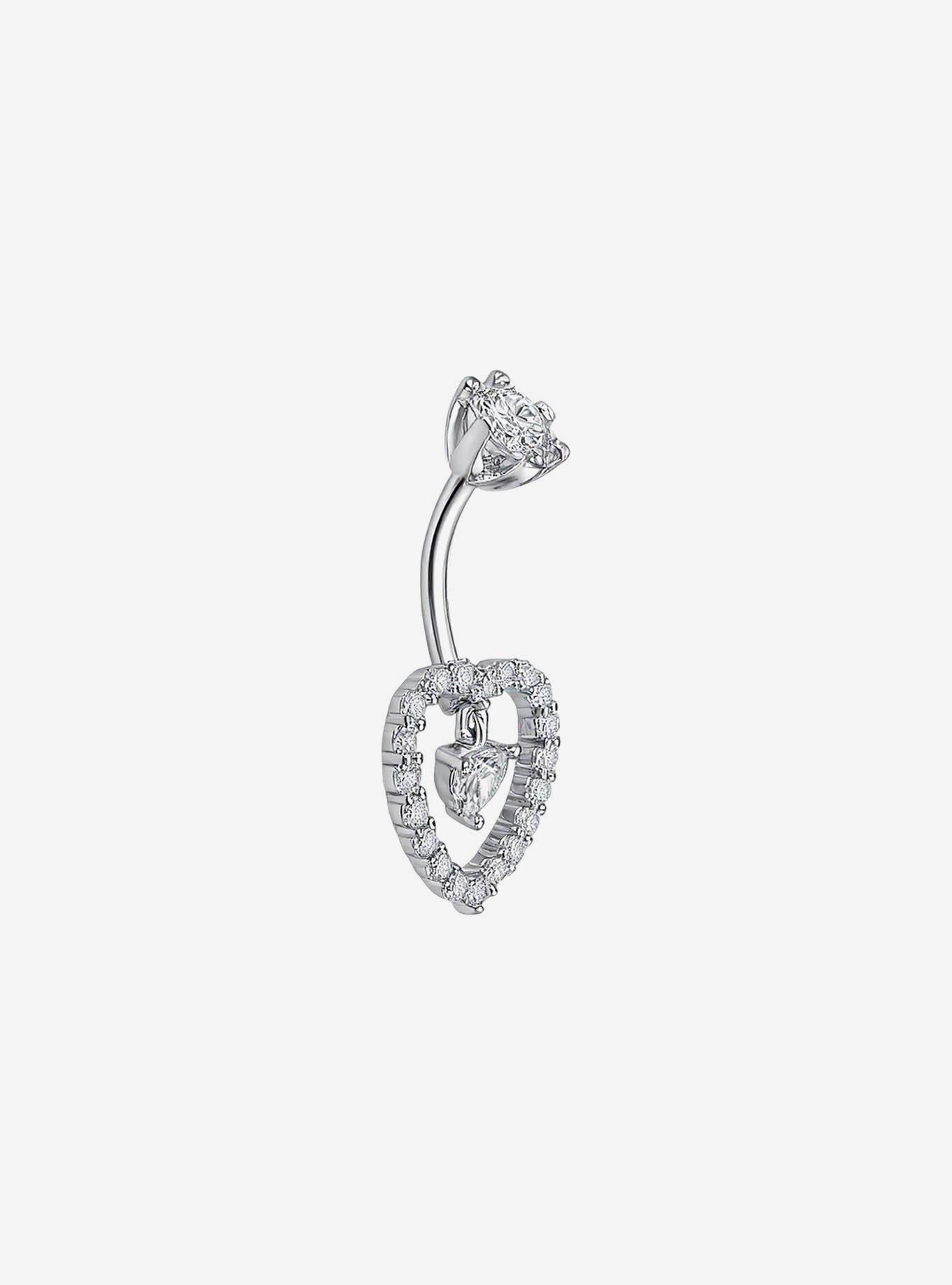 Steel Silver Bling Heart Navel Barbell, , hi-res