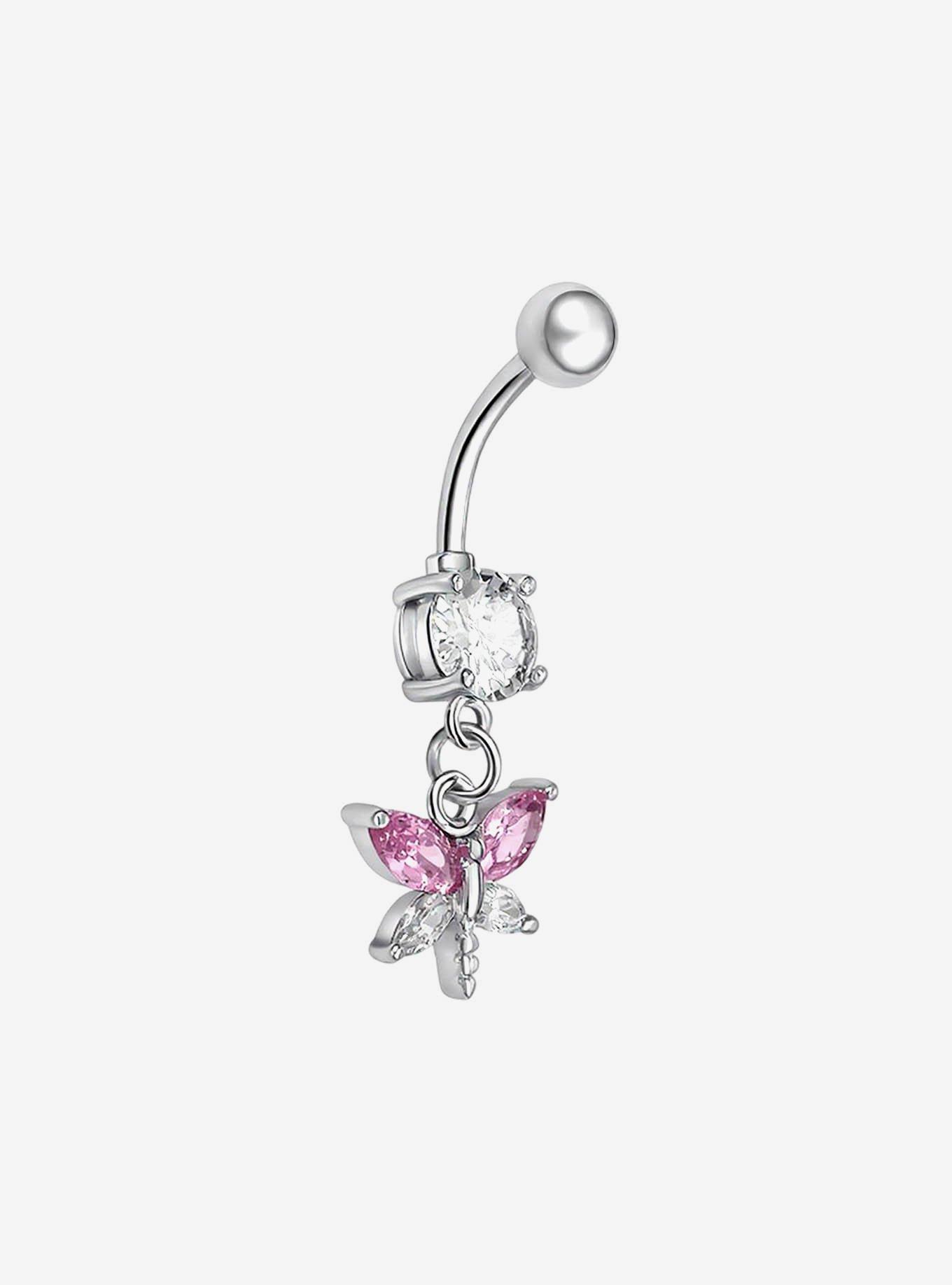 Steel Pink Bling Butterfly Navel Barbell, , hi-res