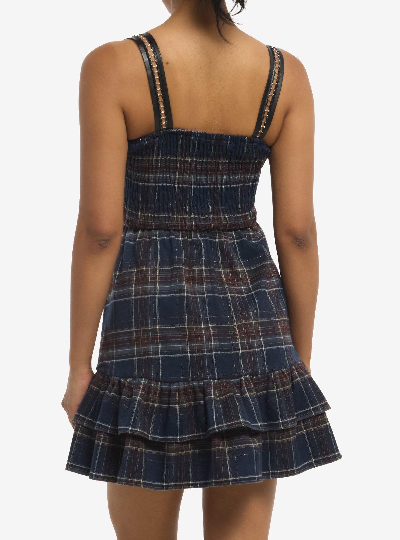 Navy Brown & Burgundy Plaid Smocked Dress, , hi-res
