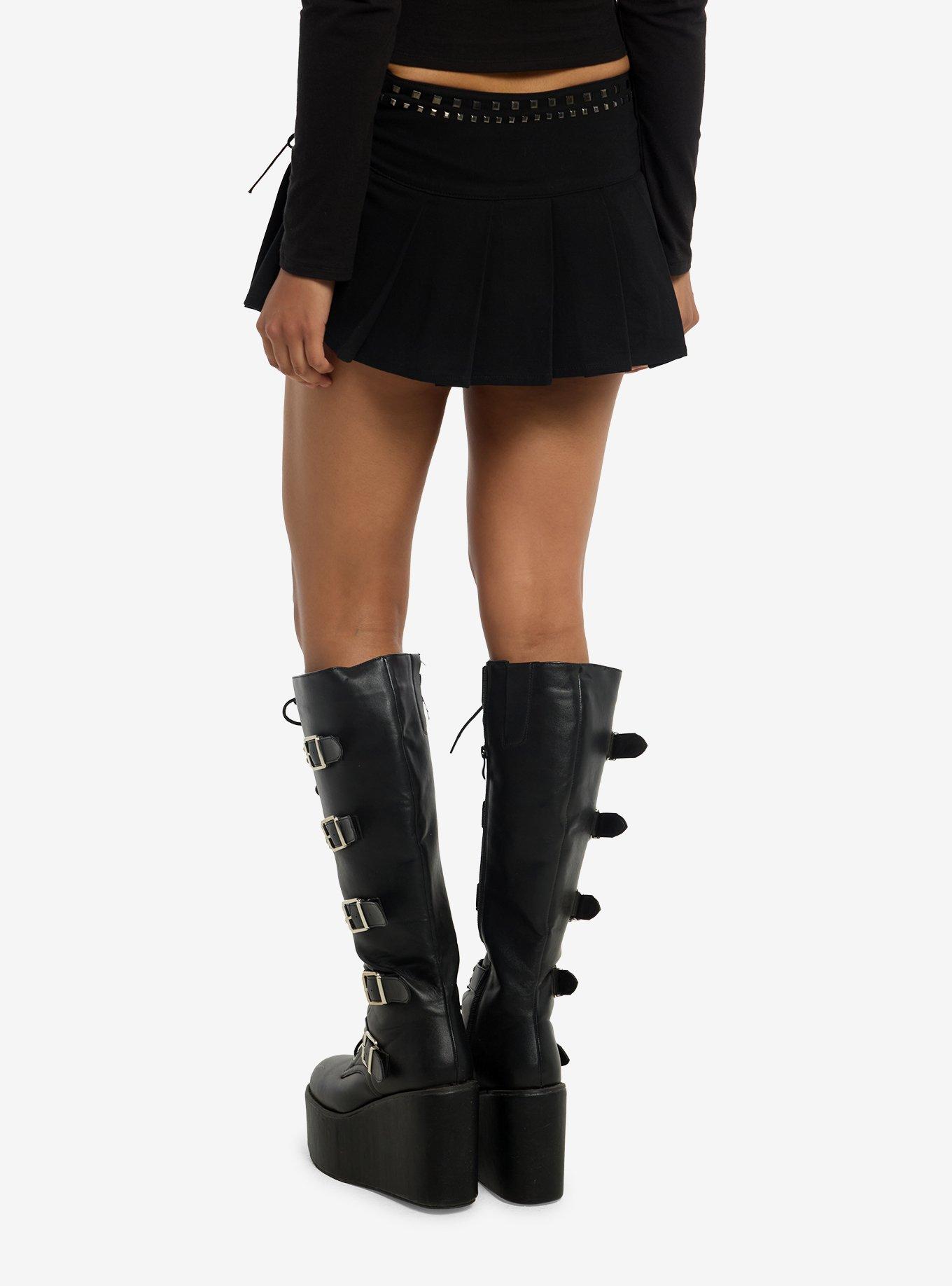Black Lace-Up Stud Pleated Skirt, , hi-res