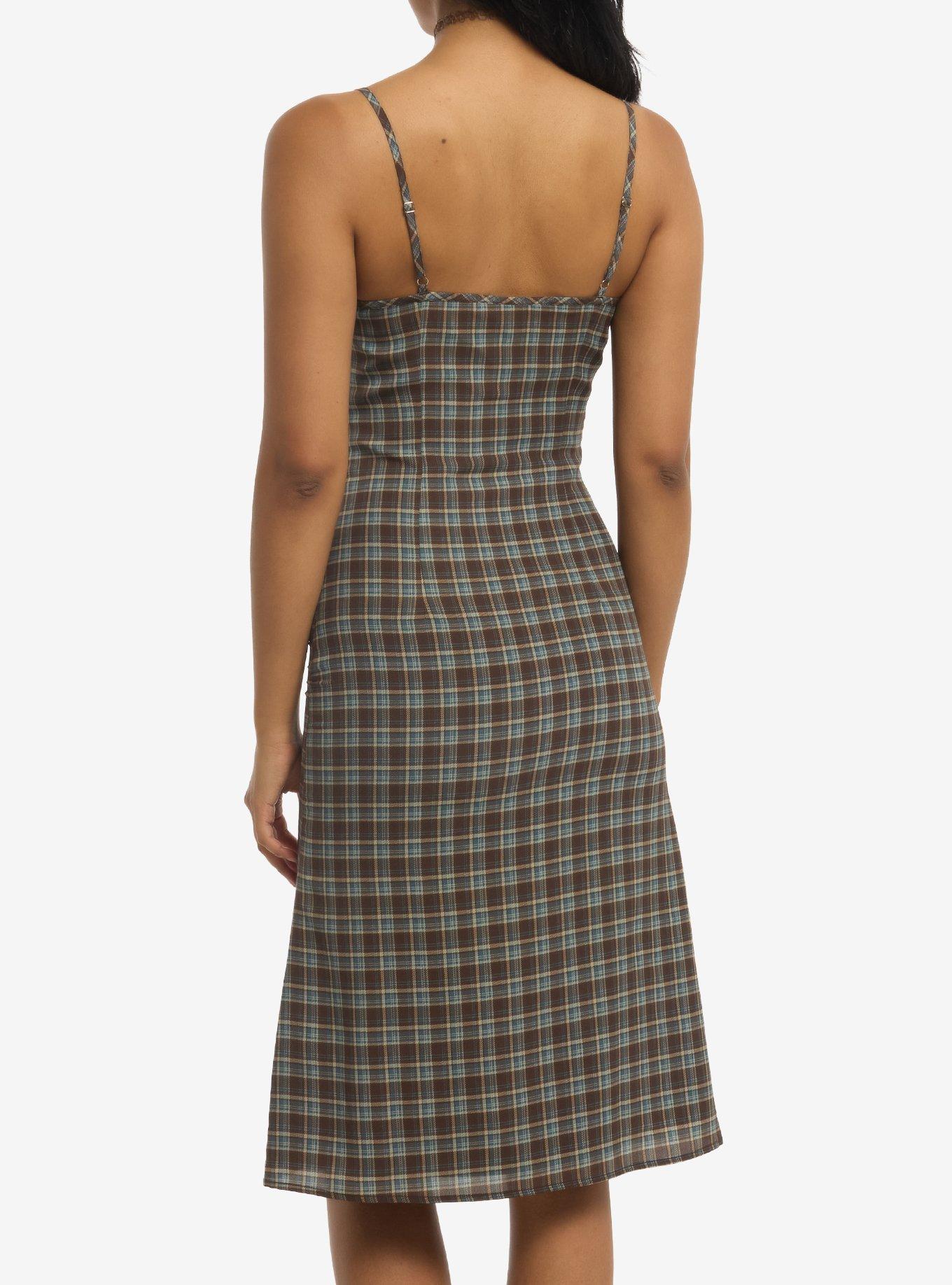 Brown & Blue Plaid Midi Slip Dress, , hi-res